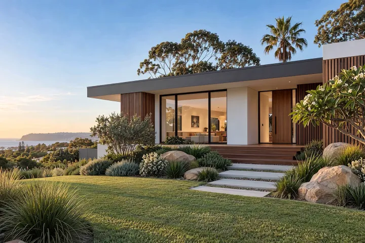 The front of the home with coastal planting of grasses, silver shrubs and sandstone boulders, a frangipani by the entry and concrete steps to the deck.