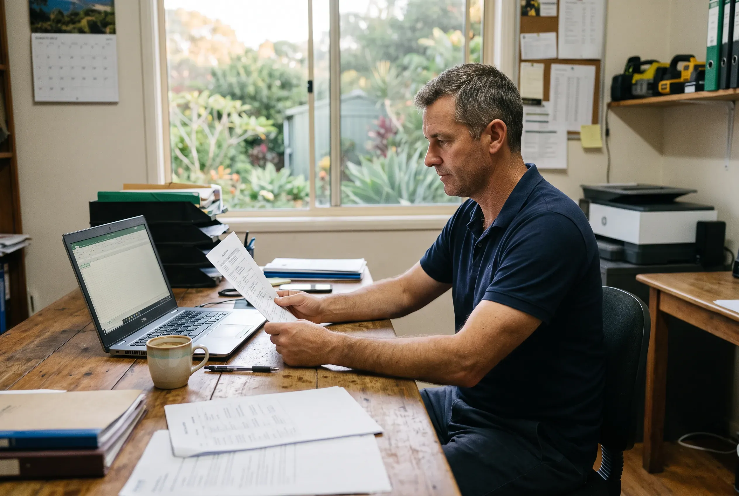 A business owner reads a printed day schedule at his office desk in soft morning light, laptop and coffee beside him.