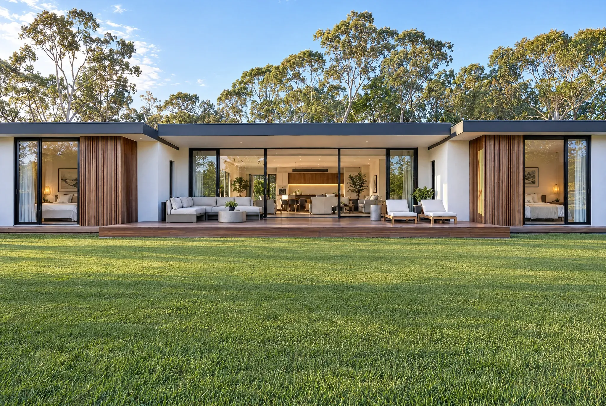 A contemporary single-storey home with white render, timber battens and a long timber deck, seen from a plain back lawn with tall gum trees behind.
