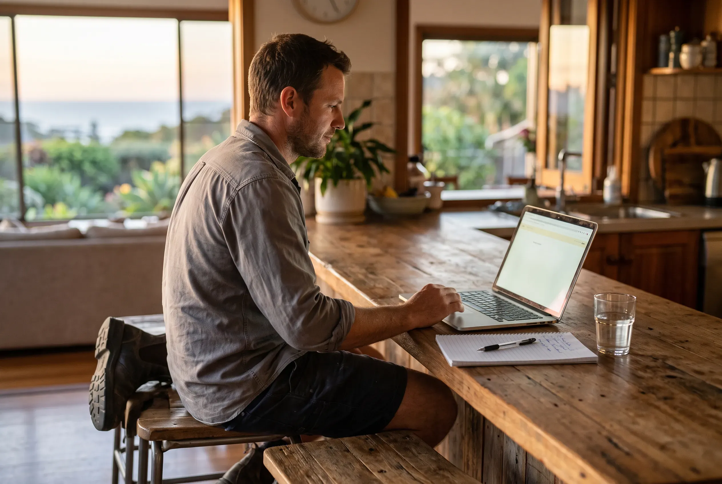A tradesman compares job management platforms on a laptop at the kitchen bench in the evening, a handwritten shortlist on the notepad beside him.