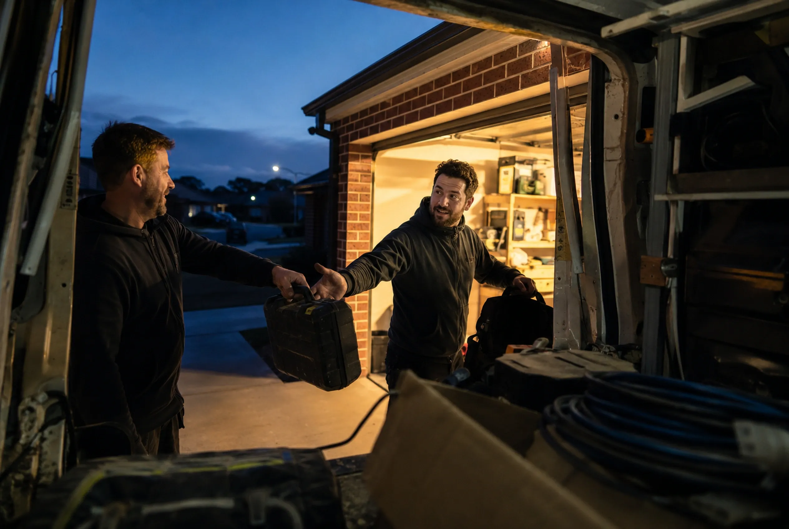 Two tradespeople load a work van at first light, sharing a word across the open rear doors.