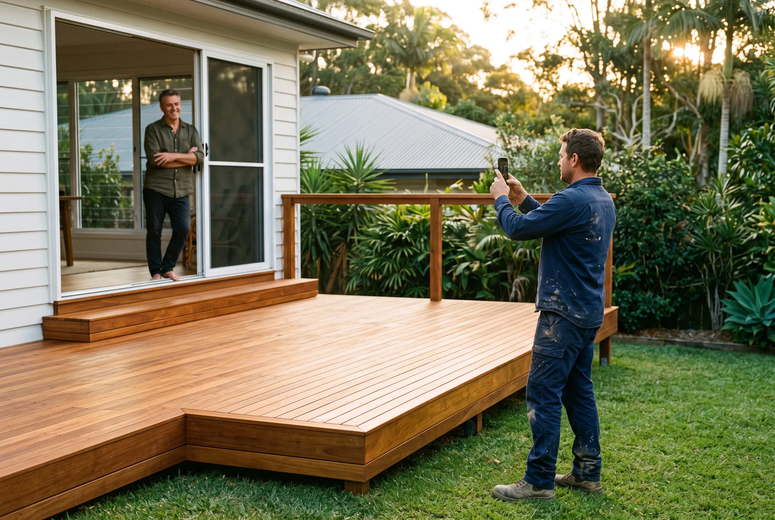 A carpenter photographs a newly finished hardwood deck on his phone, late afternoon sun across the boards and the homeowner watching from the doorway.