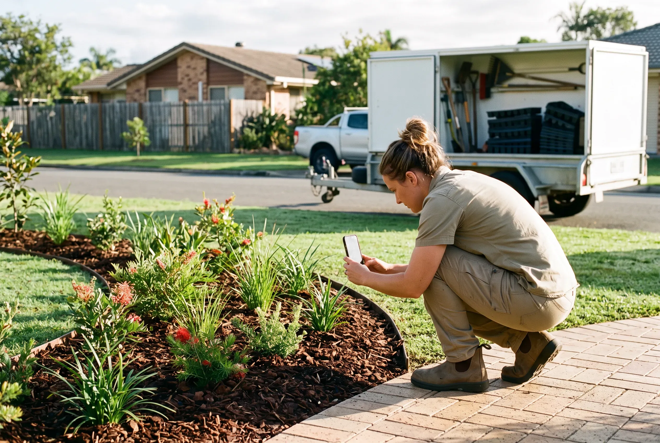 A landscaper crouches to photograph a finished coastal garden on her phone in soft morning light, tools packed on the trailer behind her.