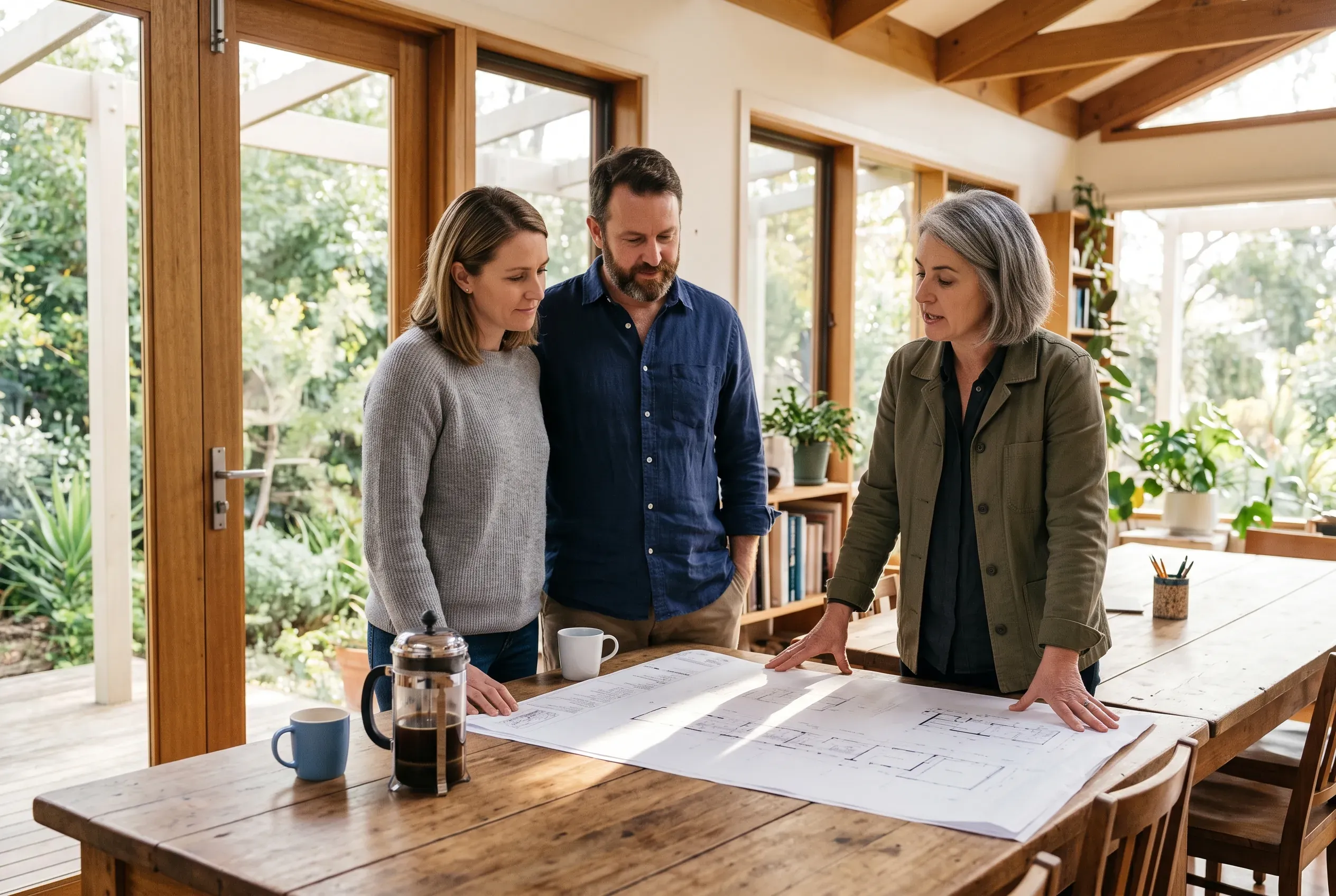 A couple and their architect lean over drawings at a long timber table in a light-filled room, morning sun across the plans.