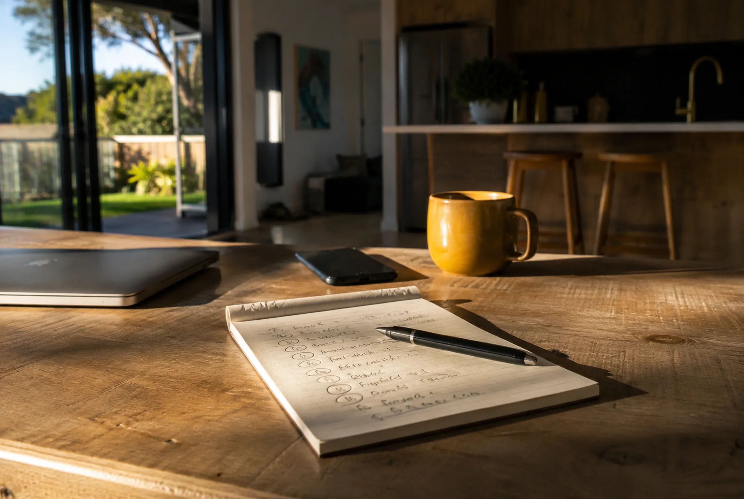 A handwritten shortlist and a phone on a kitchen table in early morning light.