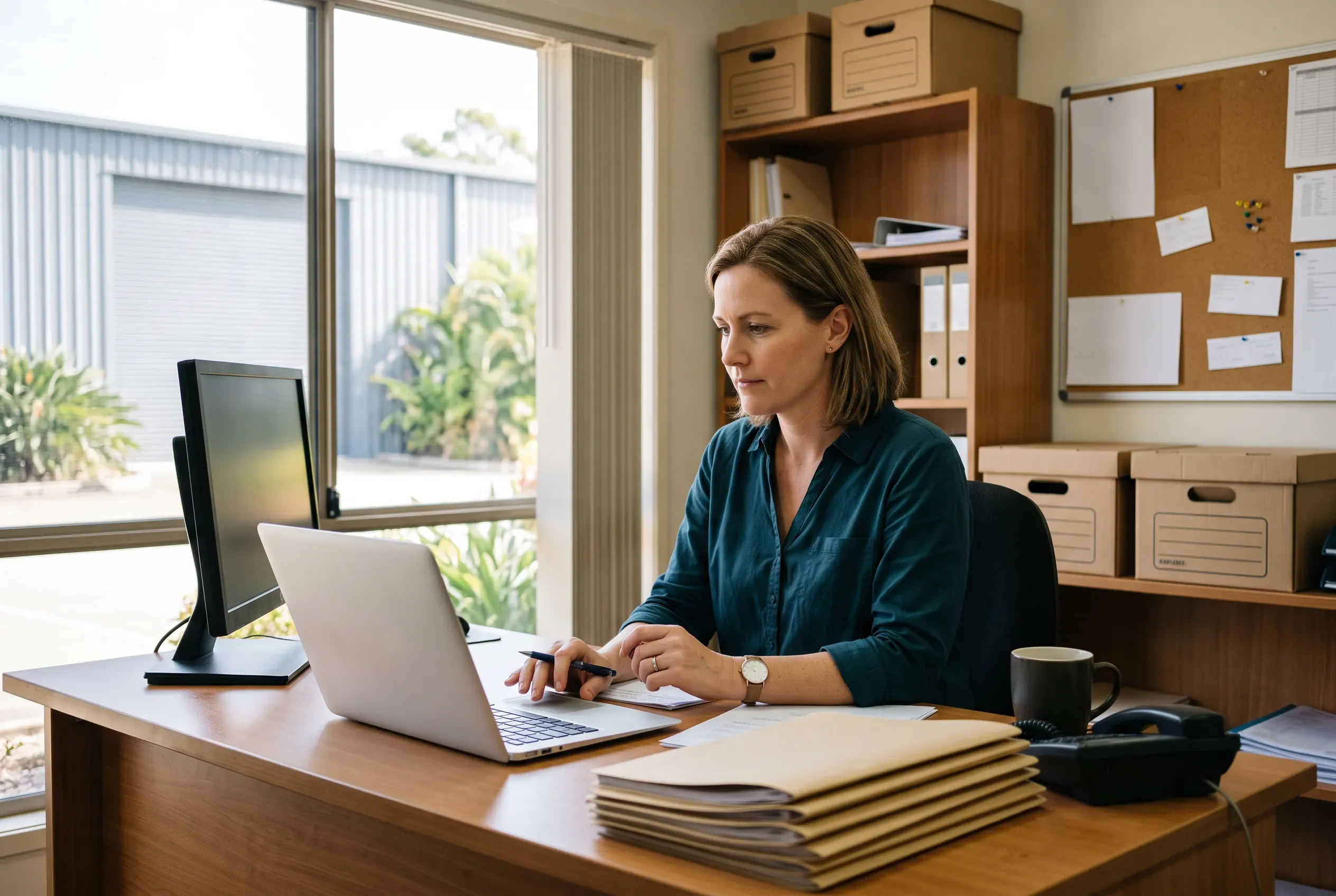 An administrator works through job paperwork at a desk in a small trade business office, folders stacked beside her.