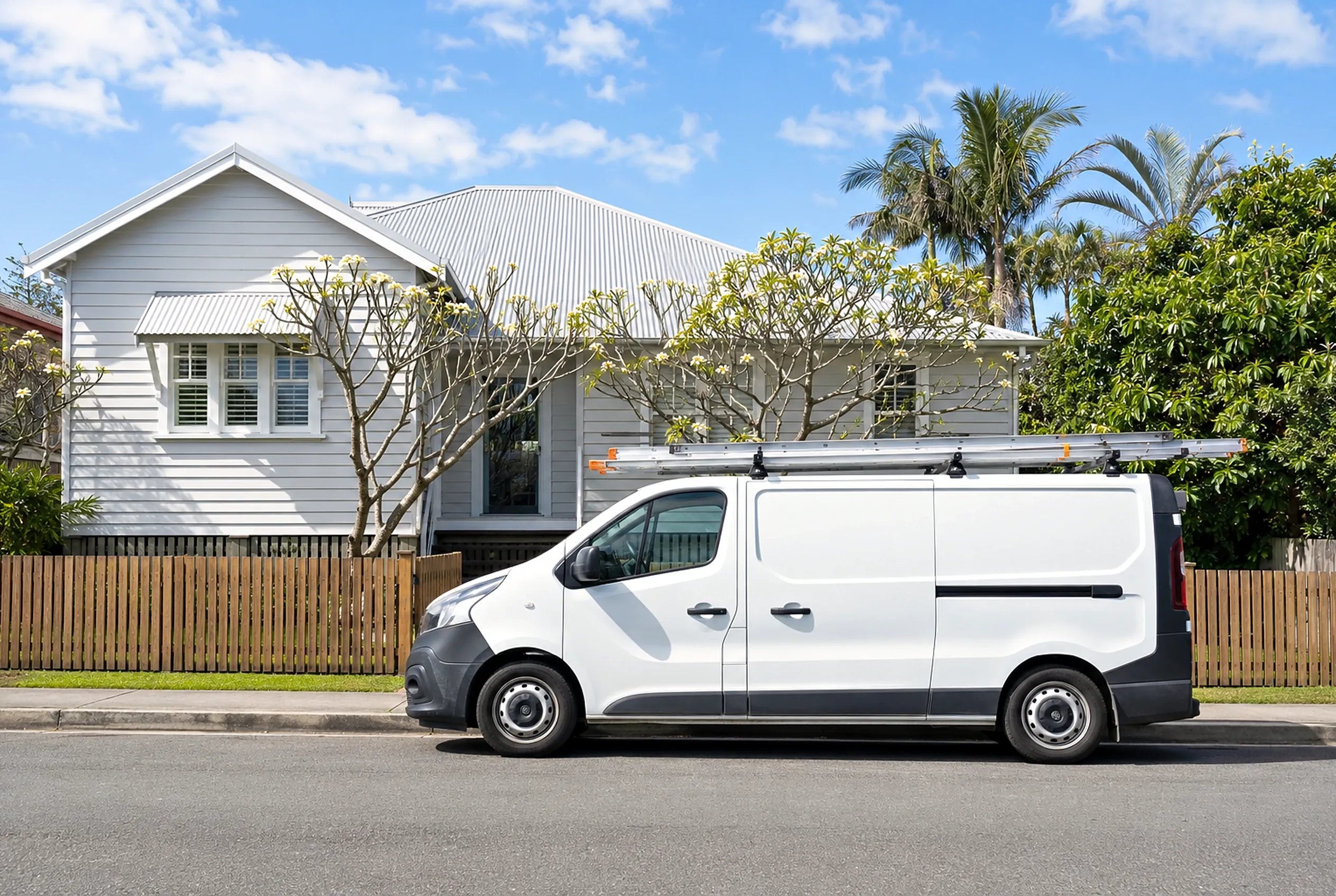 A builder's van parked outside a weatherboard home in bright morning light.