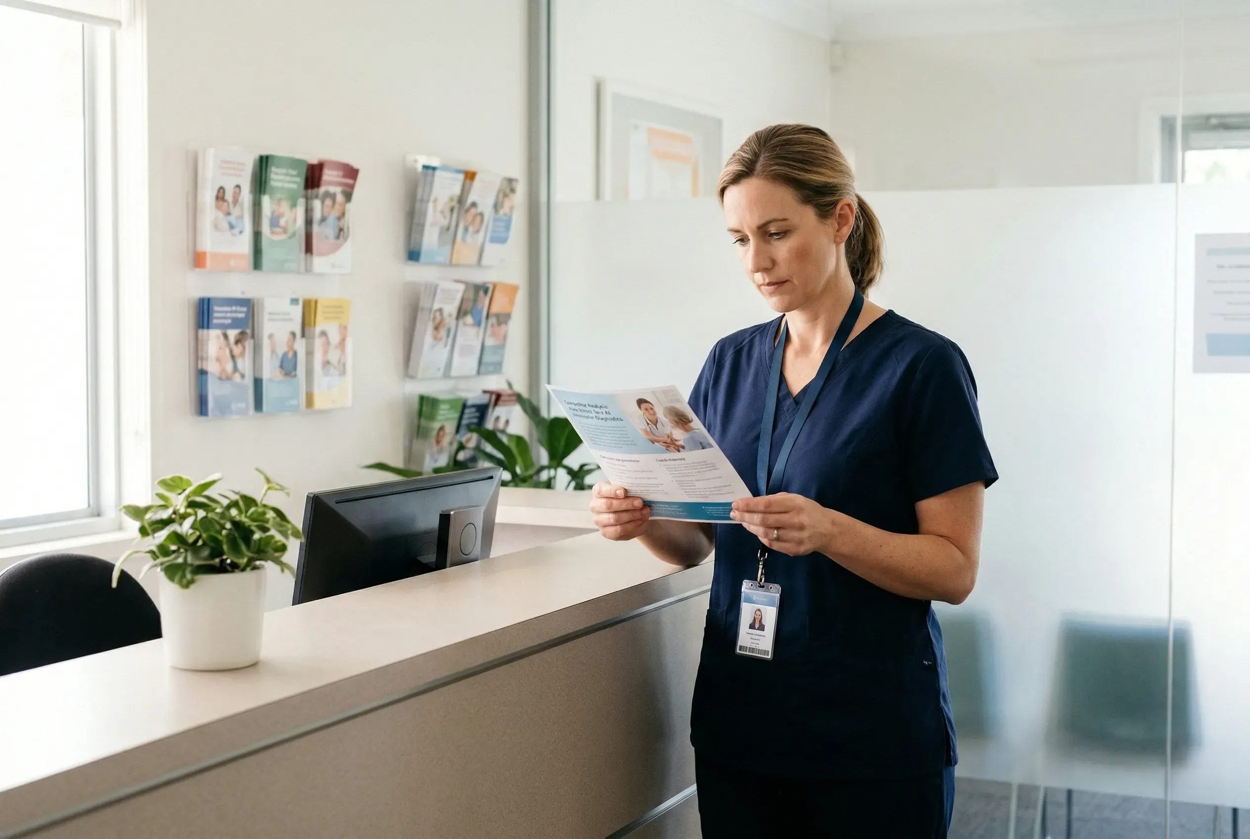 Healthcare worker in navy scrubs reading a brochure at a clinic reception desk