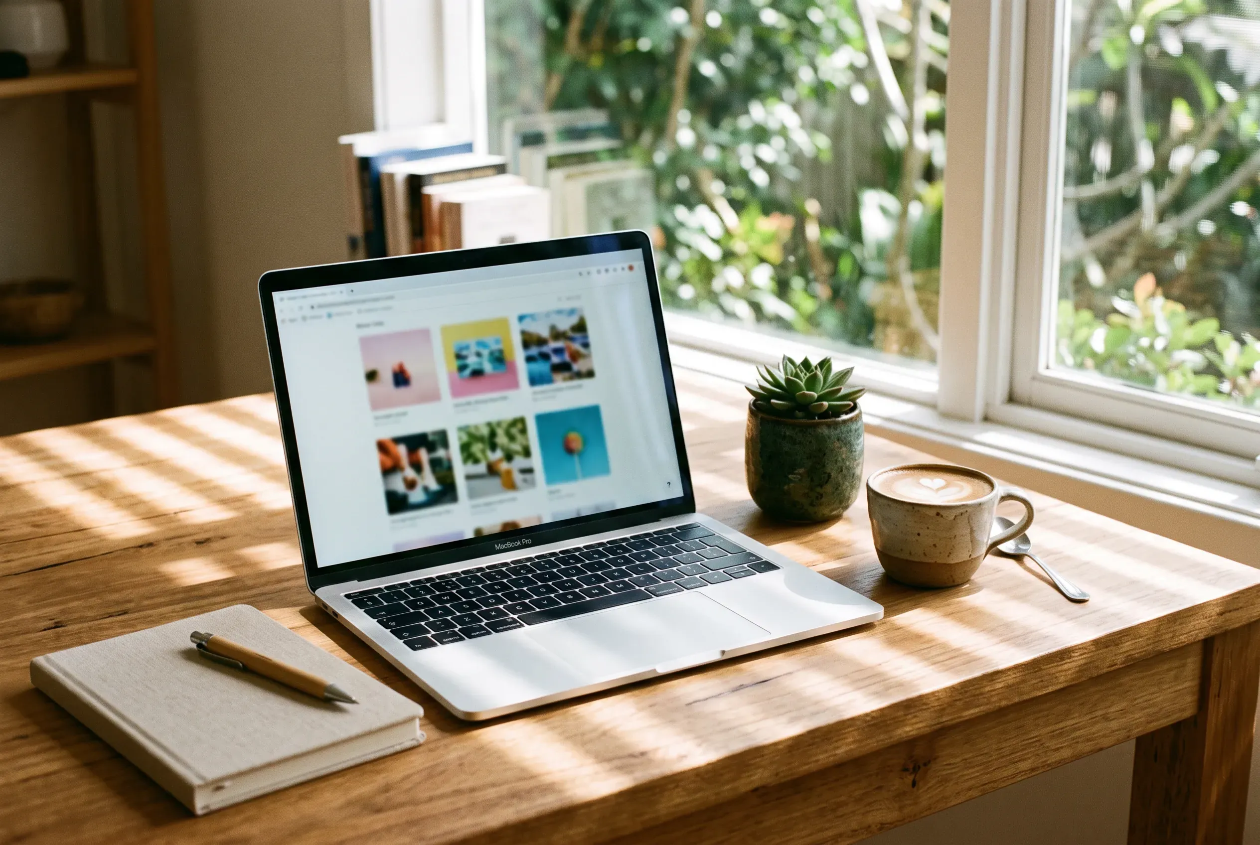 A laptop on a home office desk shows a grid of freshly generated images, morning sun falling across the keyboard and a coffee beside it.