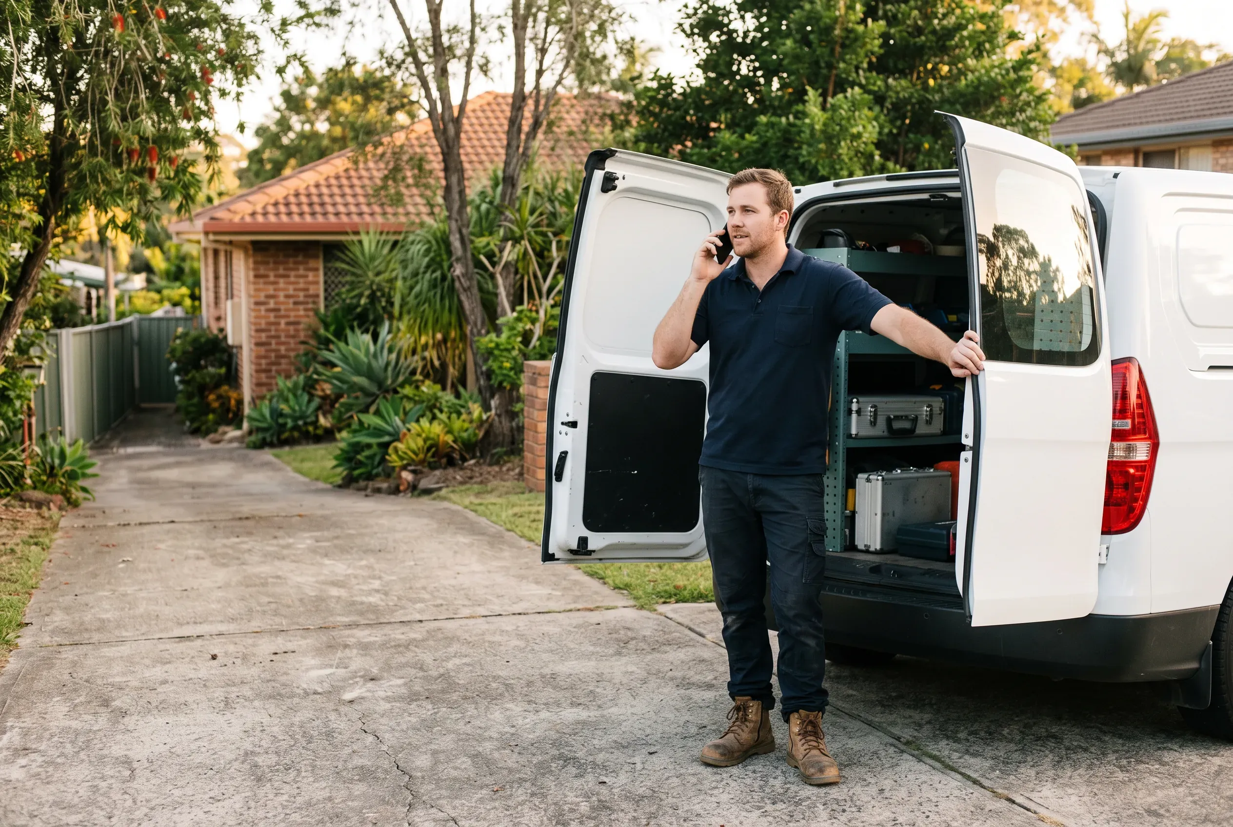 An air-conditioning technician stands at the back of his van with his phone to his ear, recording what he found before leaving the job.