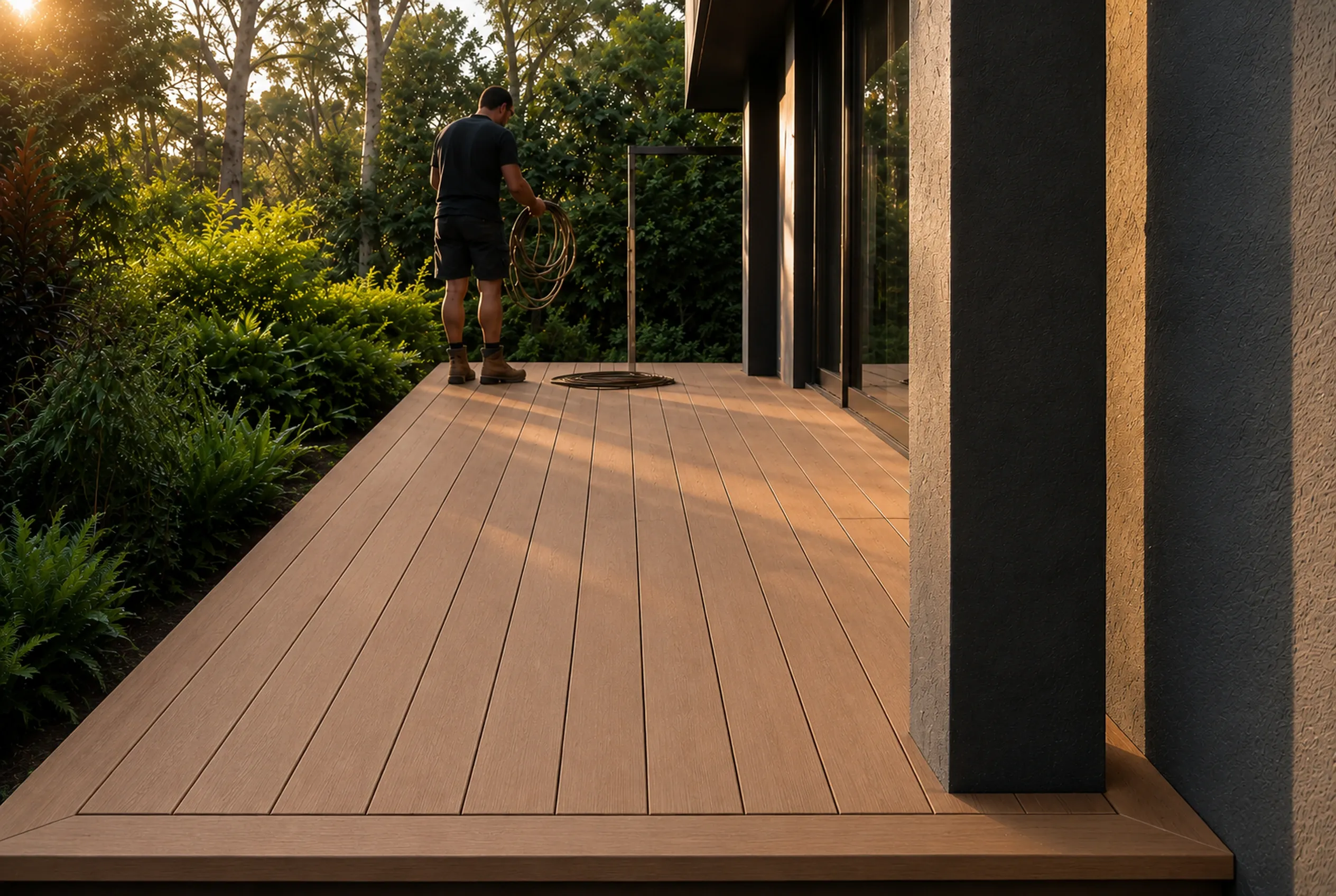 Late afternoon sun across a newly finished hardwood deck where it meets the house.