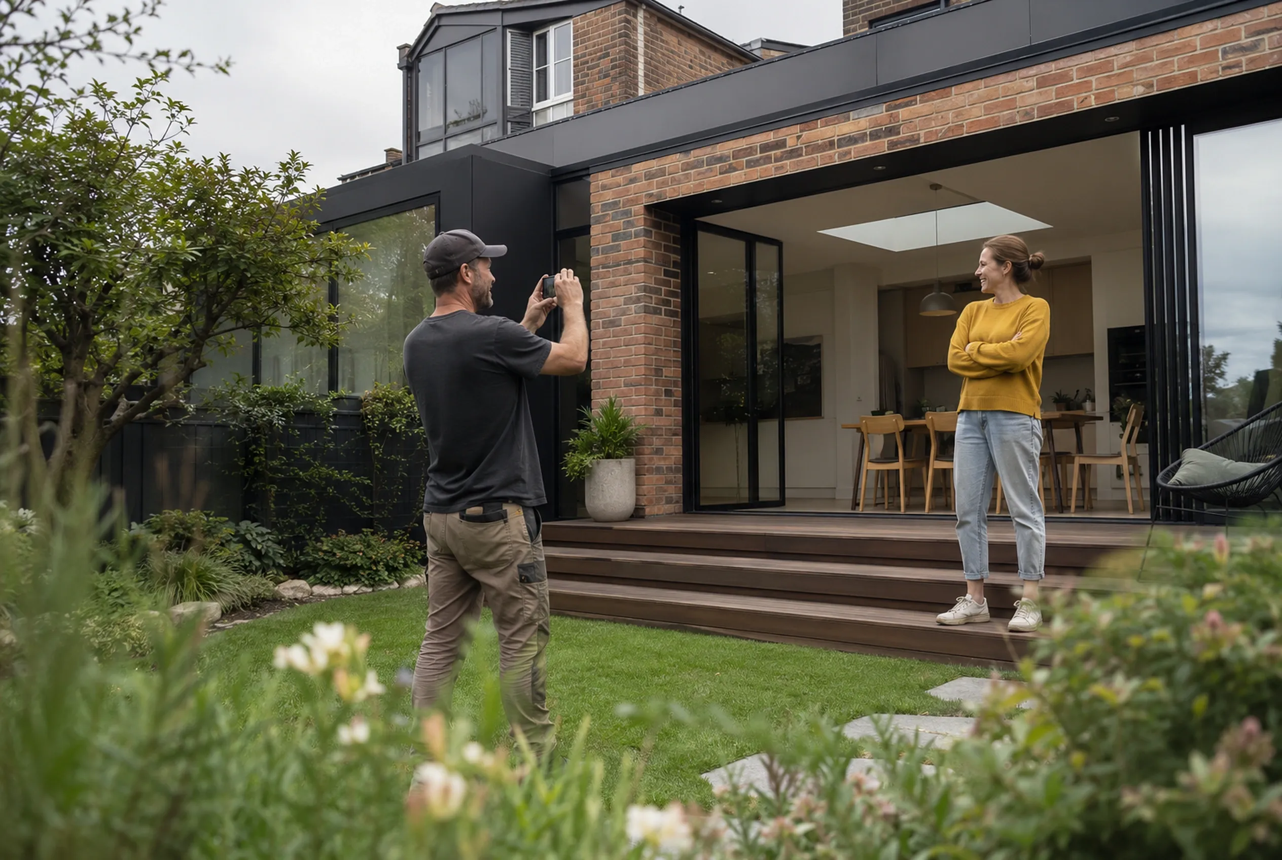 A builder photographs a finished extension on his phone while the homeowner says something from the steps behind him.