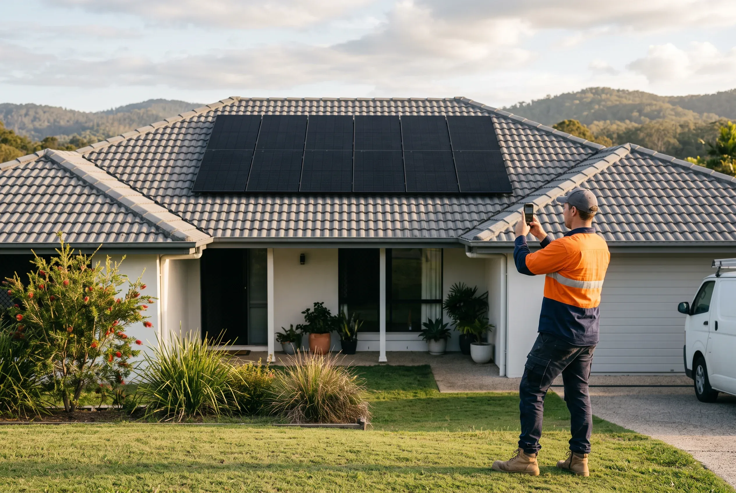 A solar installer photographs the finished rooftop array on his phone from the front lawn, late afternoon sun on the panels.