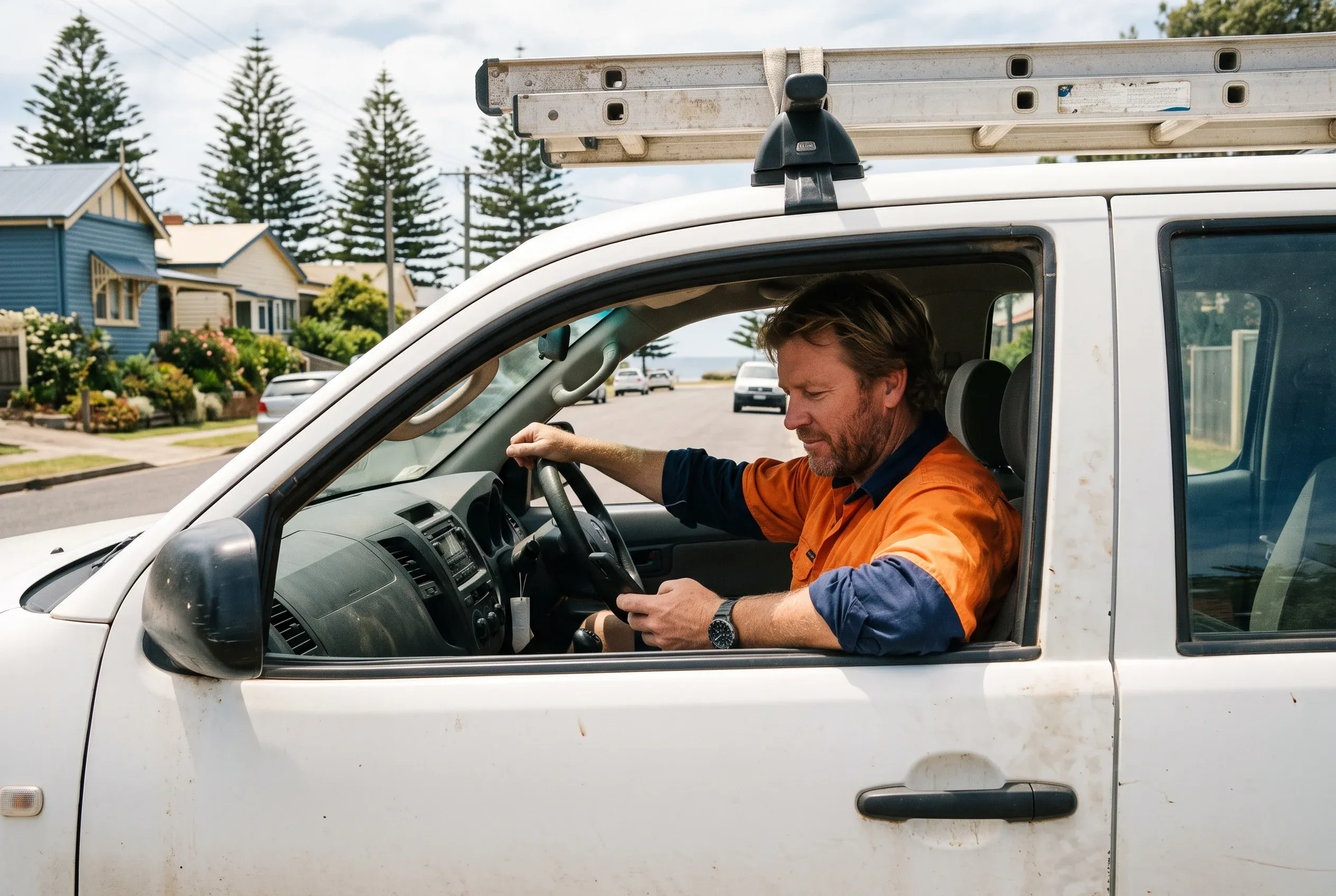 A tradie parked in his ute between jobs reads a business website on his phone, a quiet coastal street beyond the windscreen.
