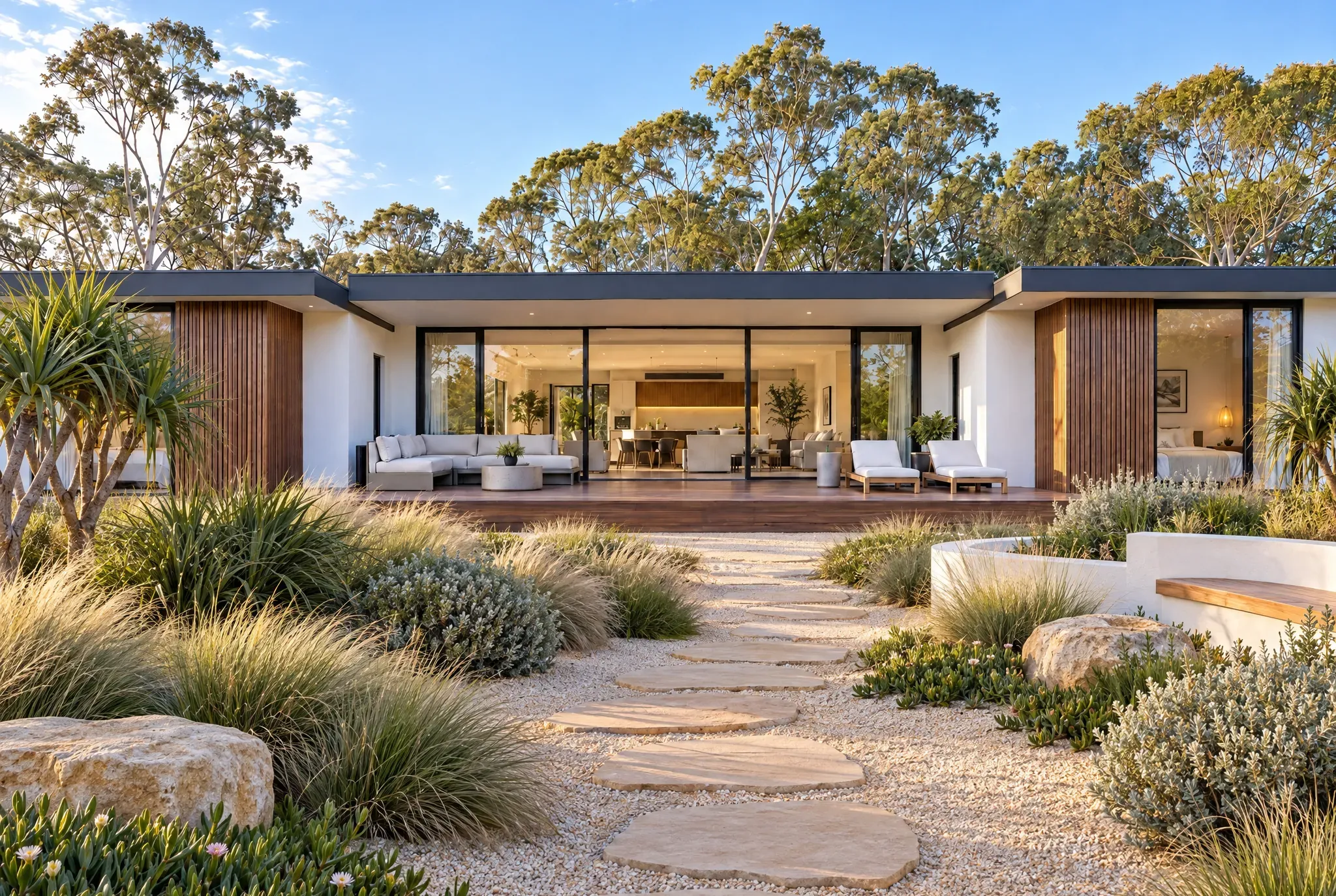 The same home with a coastal garden of grasses, silver shrubs and pale gravel