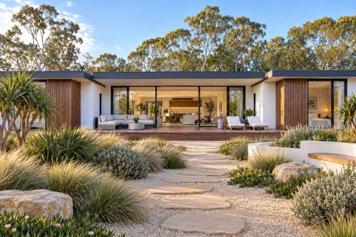 The same home with a coastal garden of native grasses, silver shrubs, pigface, pandanus, boulders and sandstone stepping stones through pale gravel.