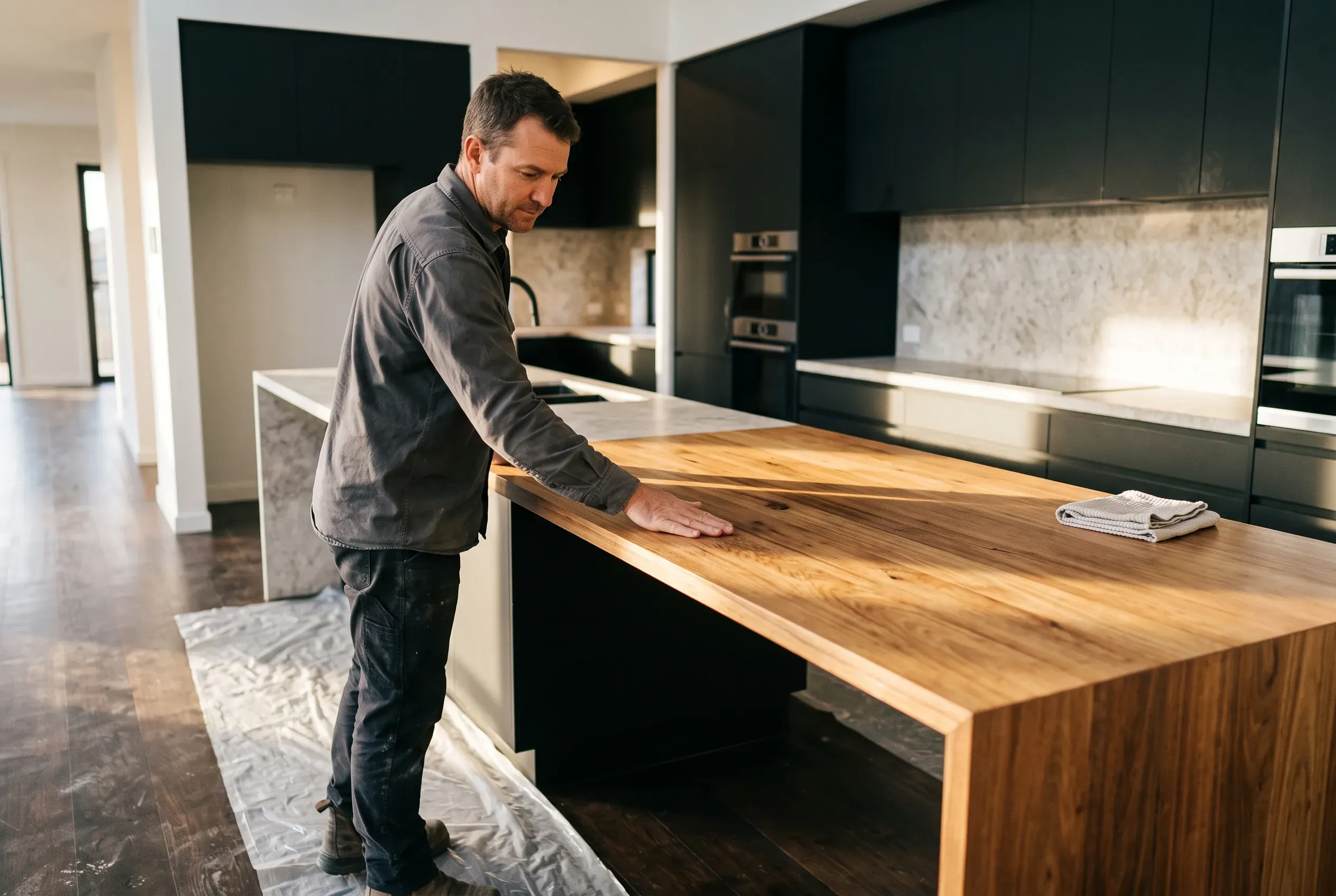 A builder runs a hand along a solid timber benchtop in a nearly finished kitchen, afternoon light picking out the grain.