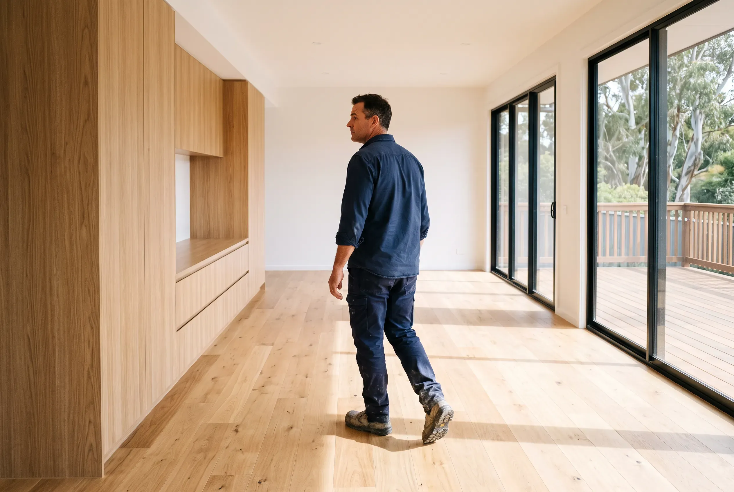 A builder does a final check through an empty finished living room, morning light across clean floors.