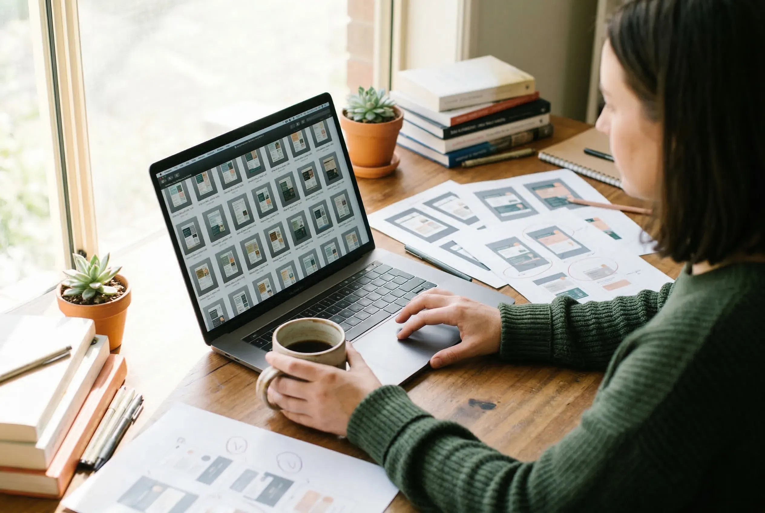 Woman browsing design layouts on laptop with coffee