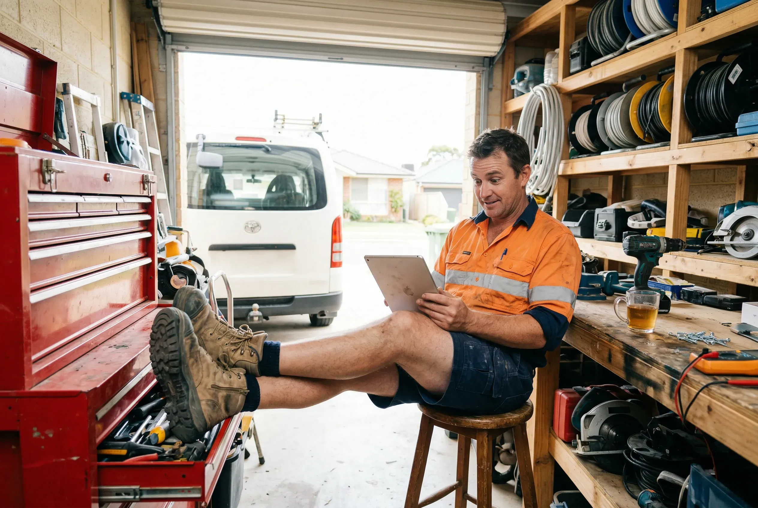 Tradesman in hi-vis sitting in his workshop browsing a tablet with a cup of tea