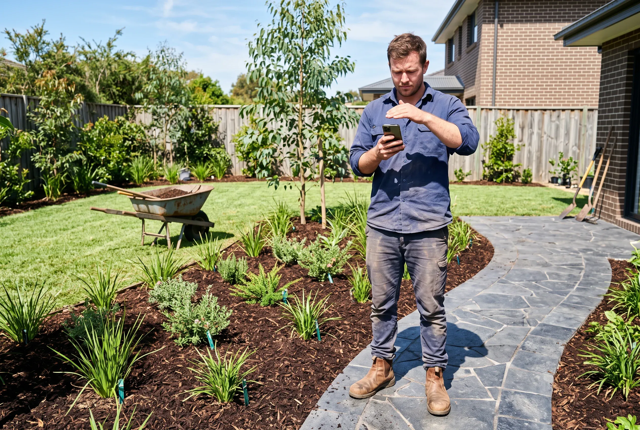 A landscaper in a freshly planted backyard shades his phone with one hand to read the screen in harsh midday sun.
