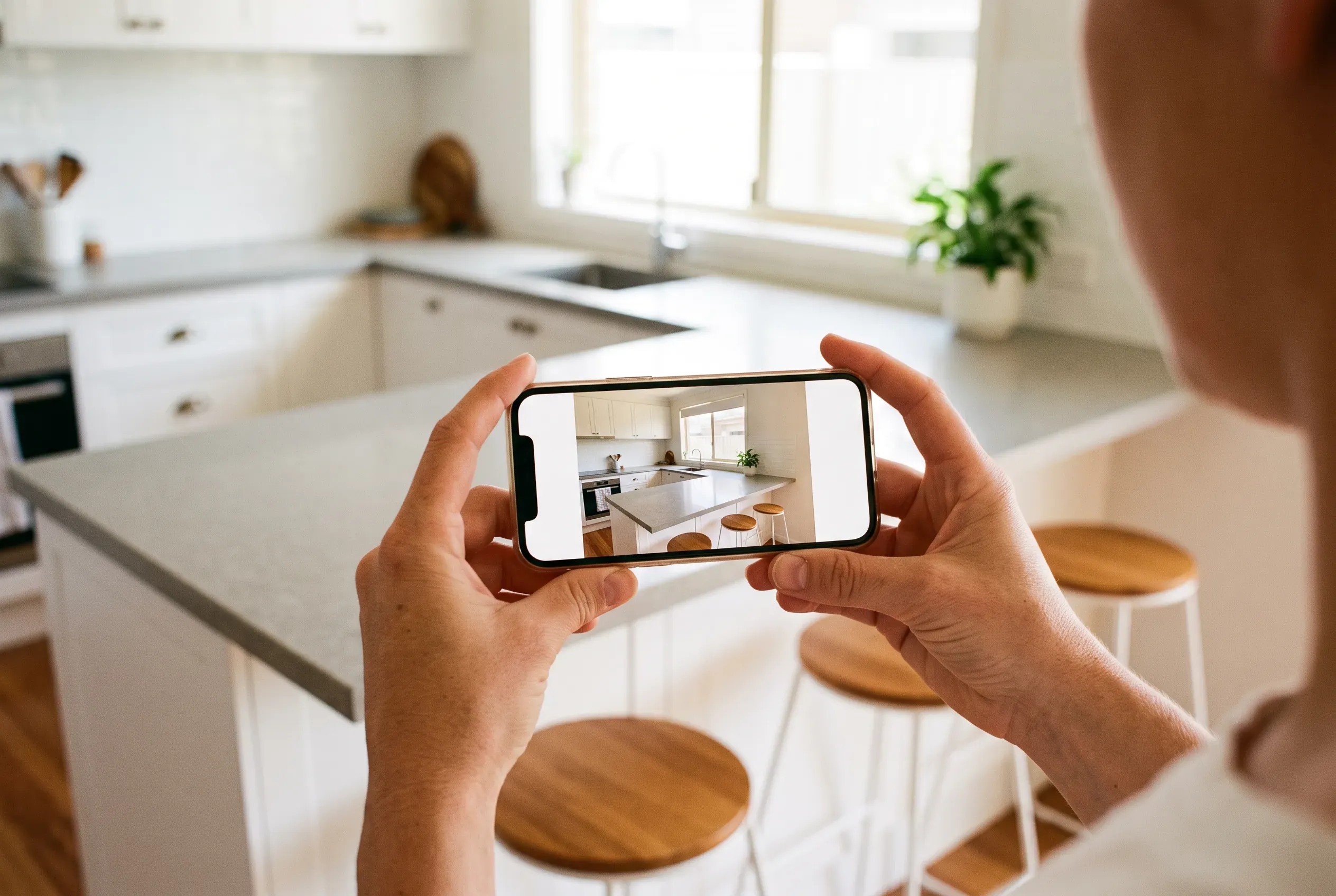 Hands hold a phone mid-edit, extending a photo of a renovated kitchen to a wider crop, the real kitchen soft in the background.