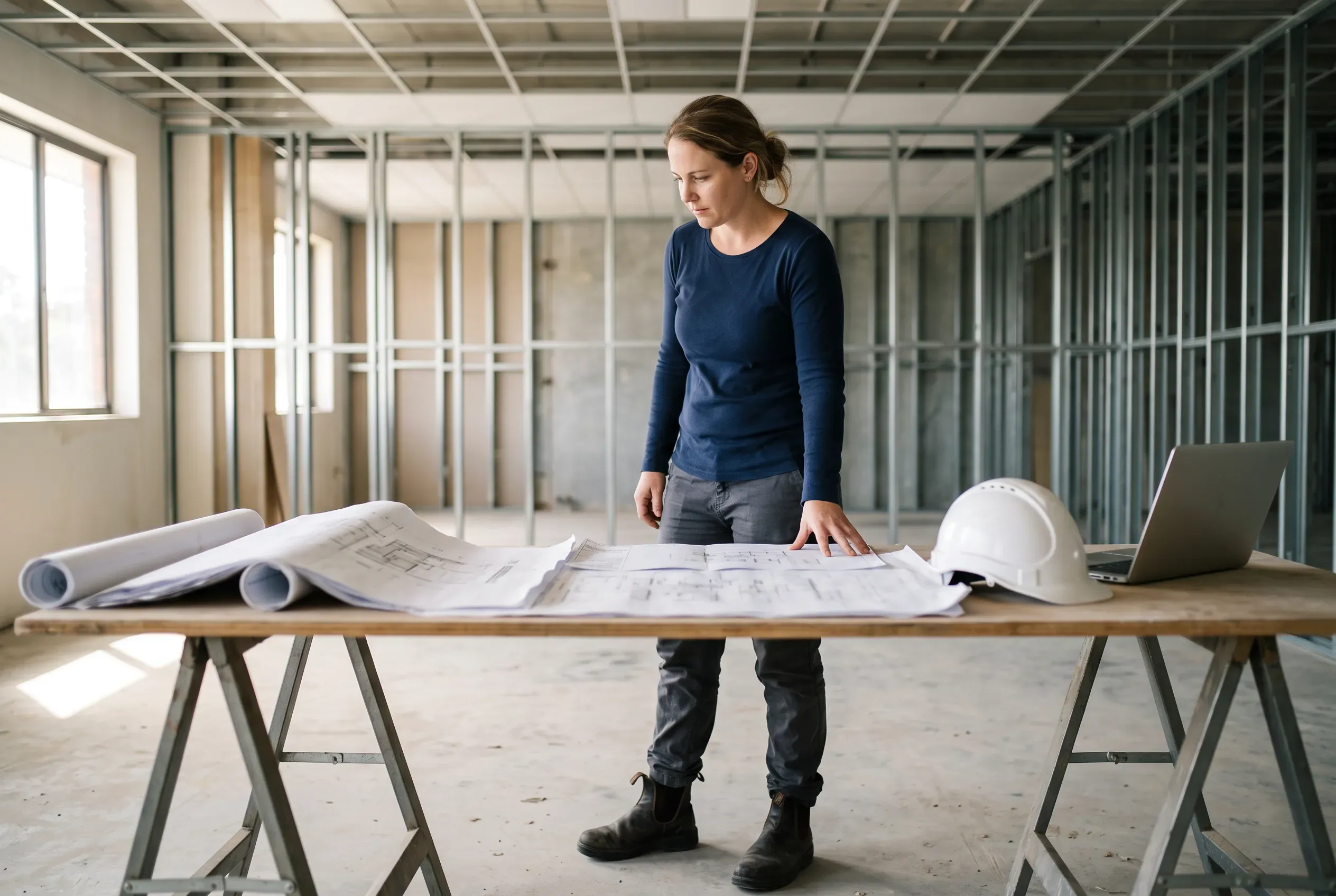 A project manager works between a laptop and a spread of drawings on a site table.