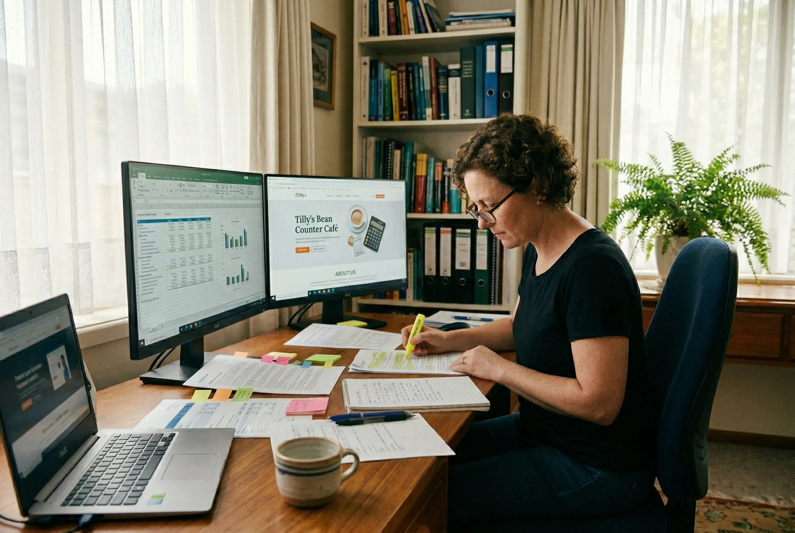 Business owner at her home office desk reviewing notes with a competitor website visible on her monitor