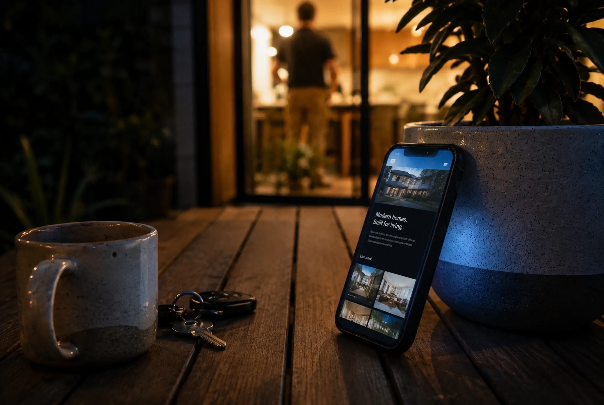 A phone propped on an outdoor table at night with its screen lit, a person in the background.