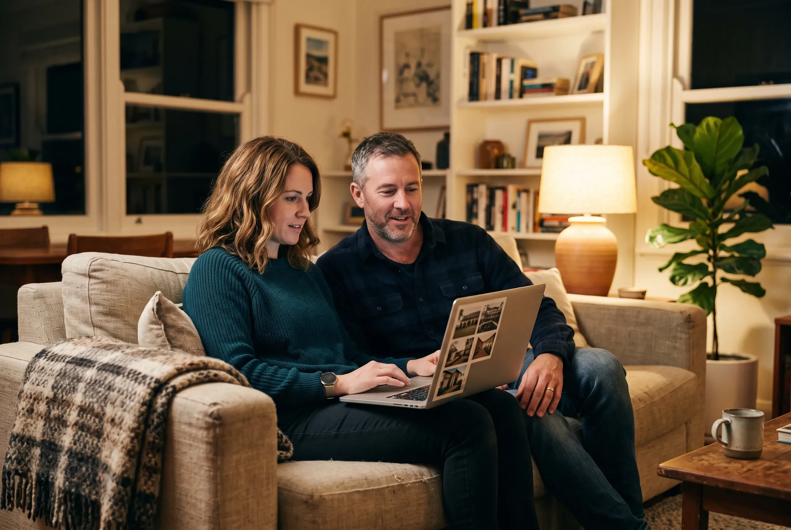 A couple on a sofa in warm evening light share a laptop, a builder's project gallery glowing on the screen.