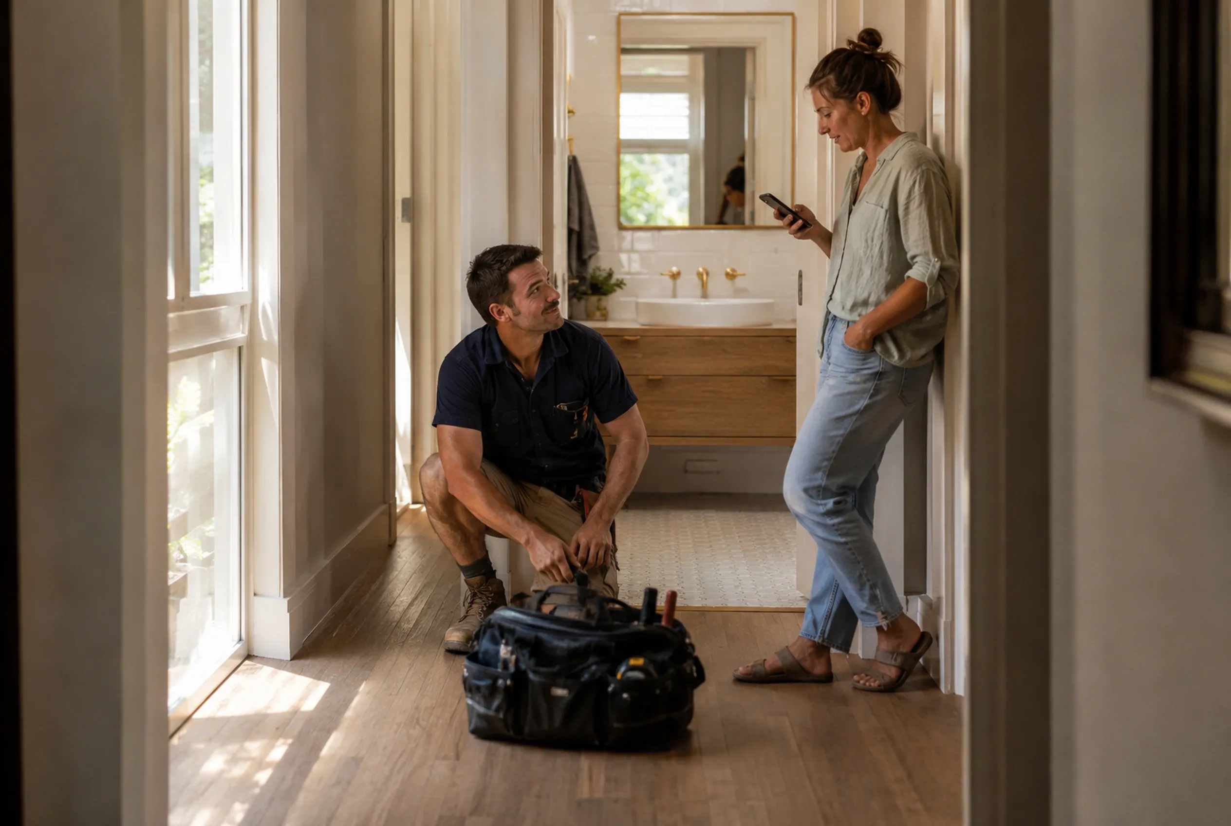 A tradesperson packs the last of his tools in a bright hallway while the customer leans in the doorway, phone in hand, reading her review aloud.