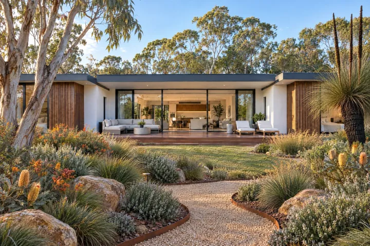 The same home with a native garden of banksias, grass trees, kangaroo paw and native grasses, a gum tree, and a gravel path edged in steel.