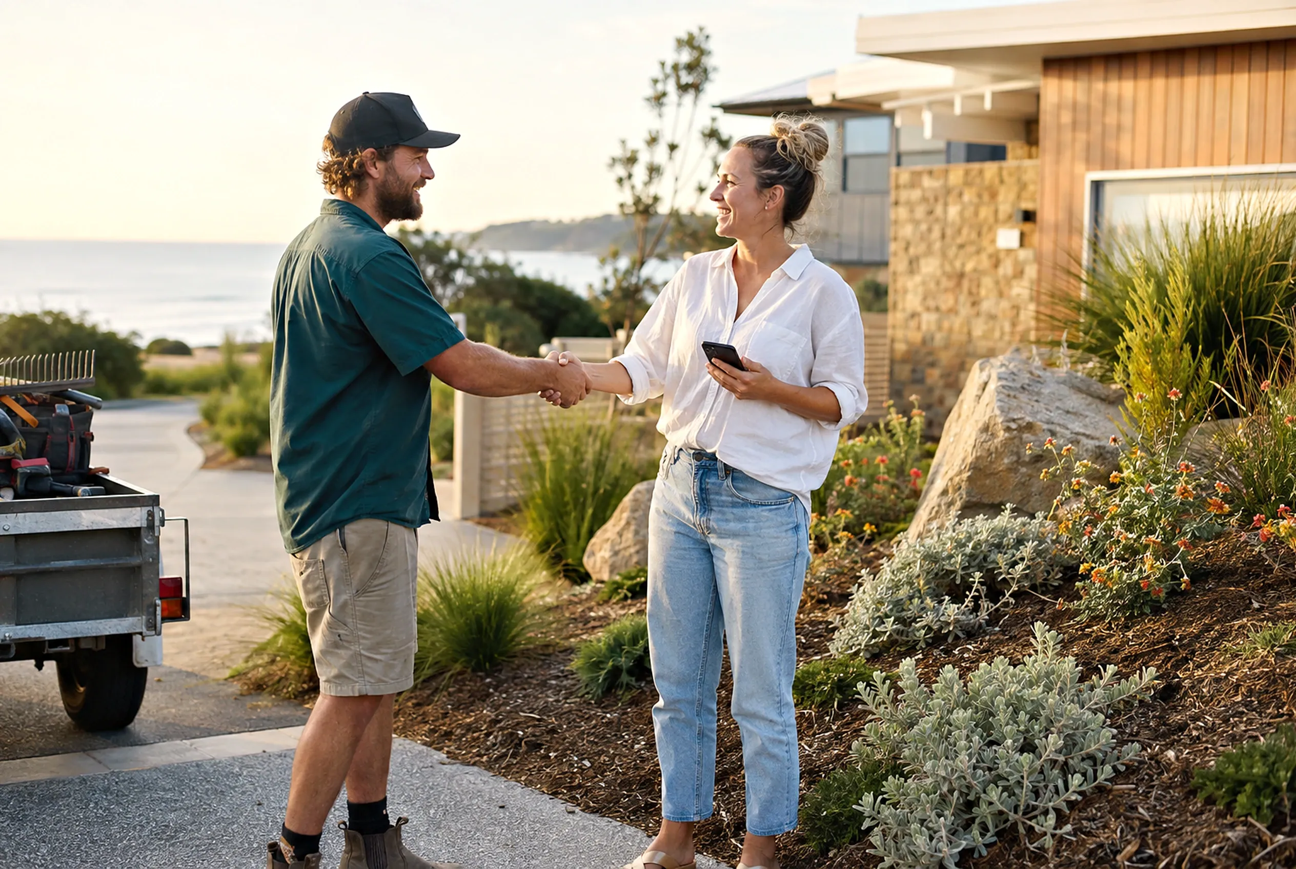 A landscaper and a homeowner shake hands beside a new coastal garden at the end of the job, tools packed on the trailer behind.
