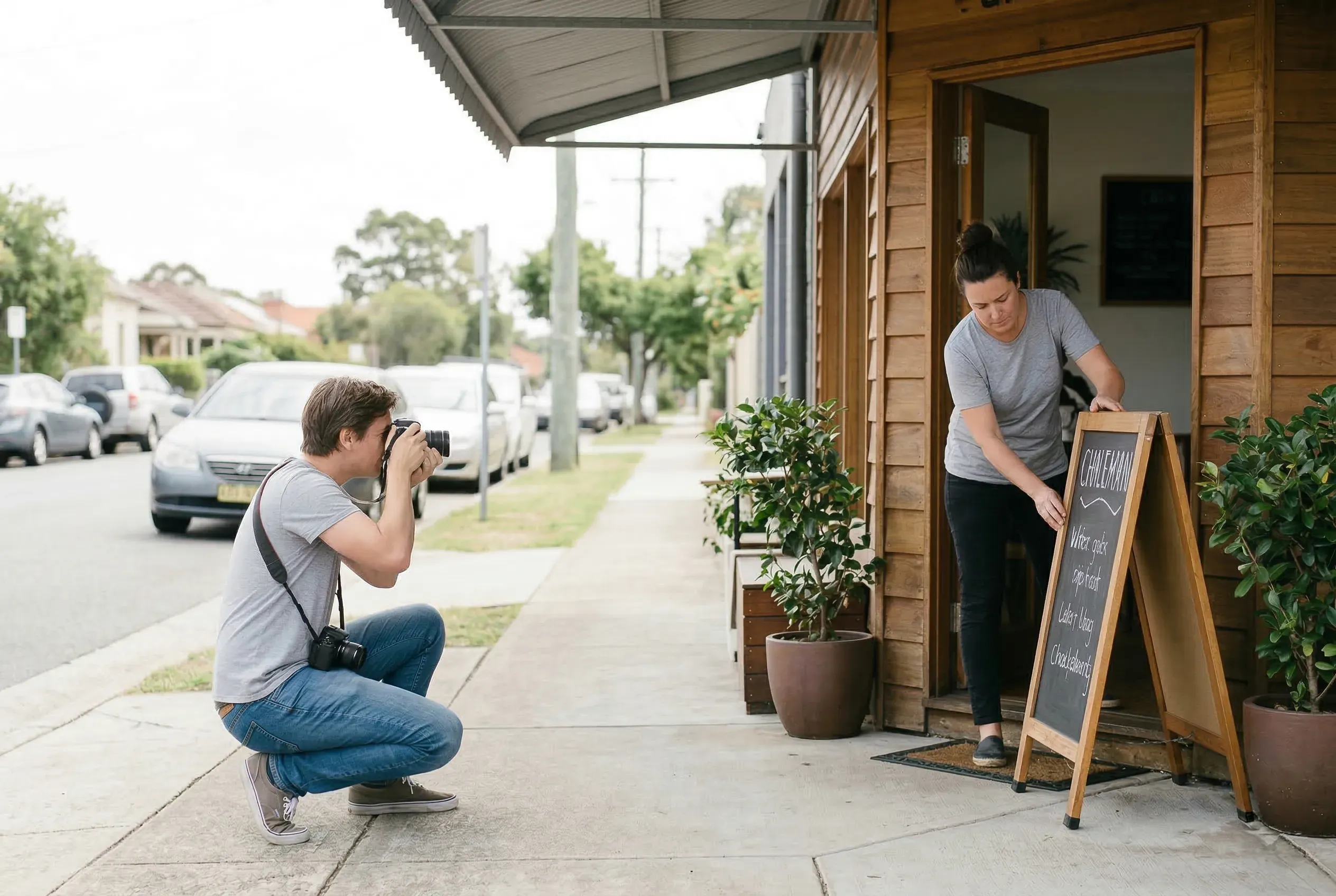 Photographer crouching to photograph a business owner setting up a chalkboard sign