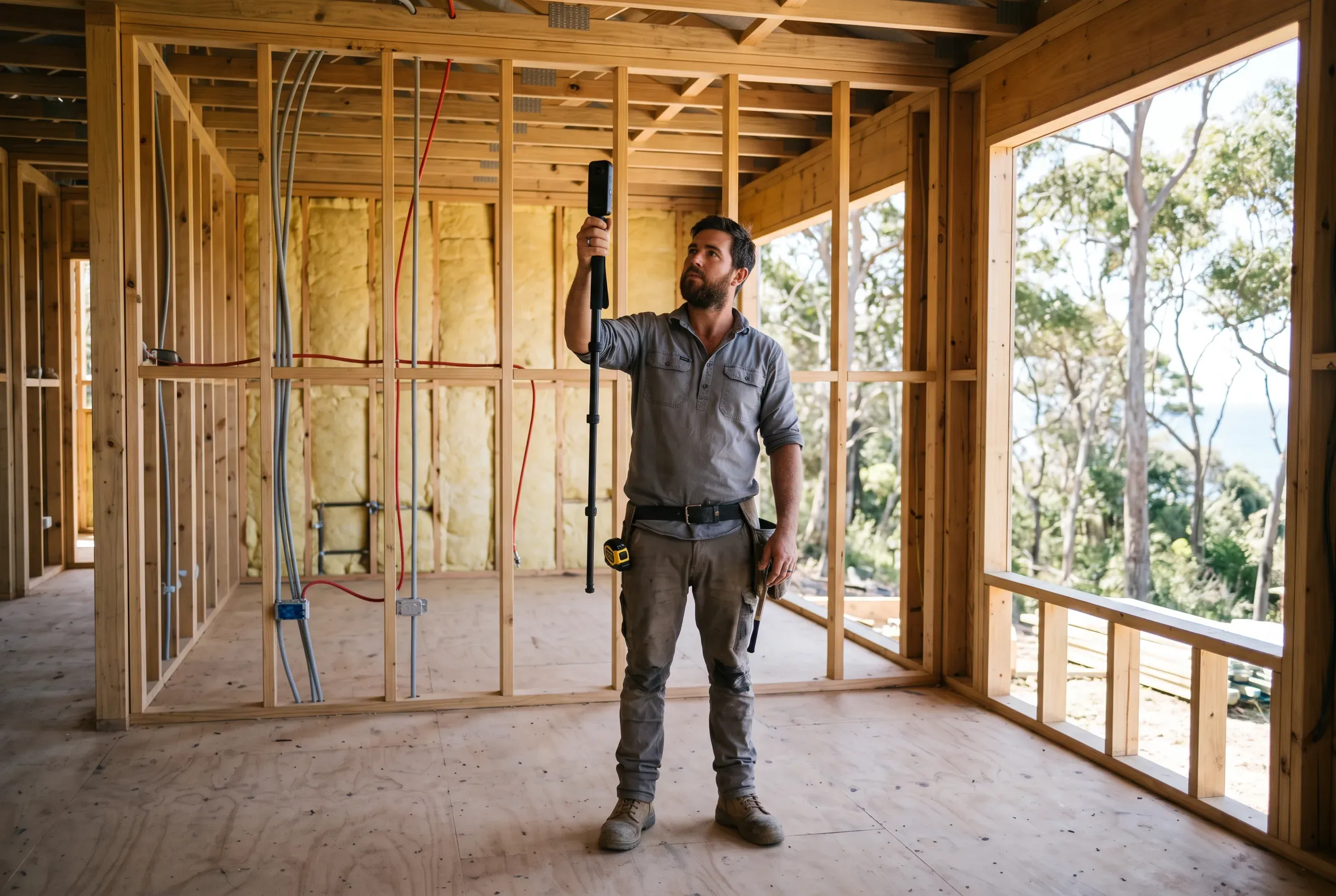 A builder records a room at rough-in stage with a camera on a monopod, services visible in the open walls.