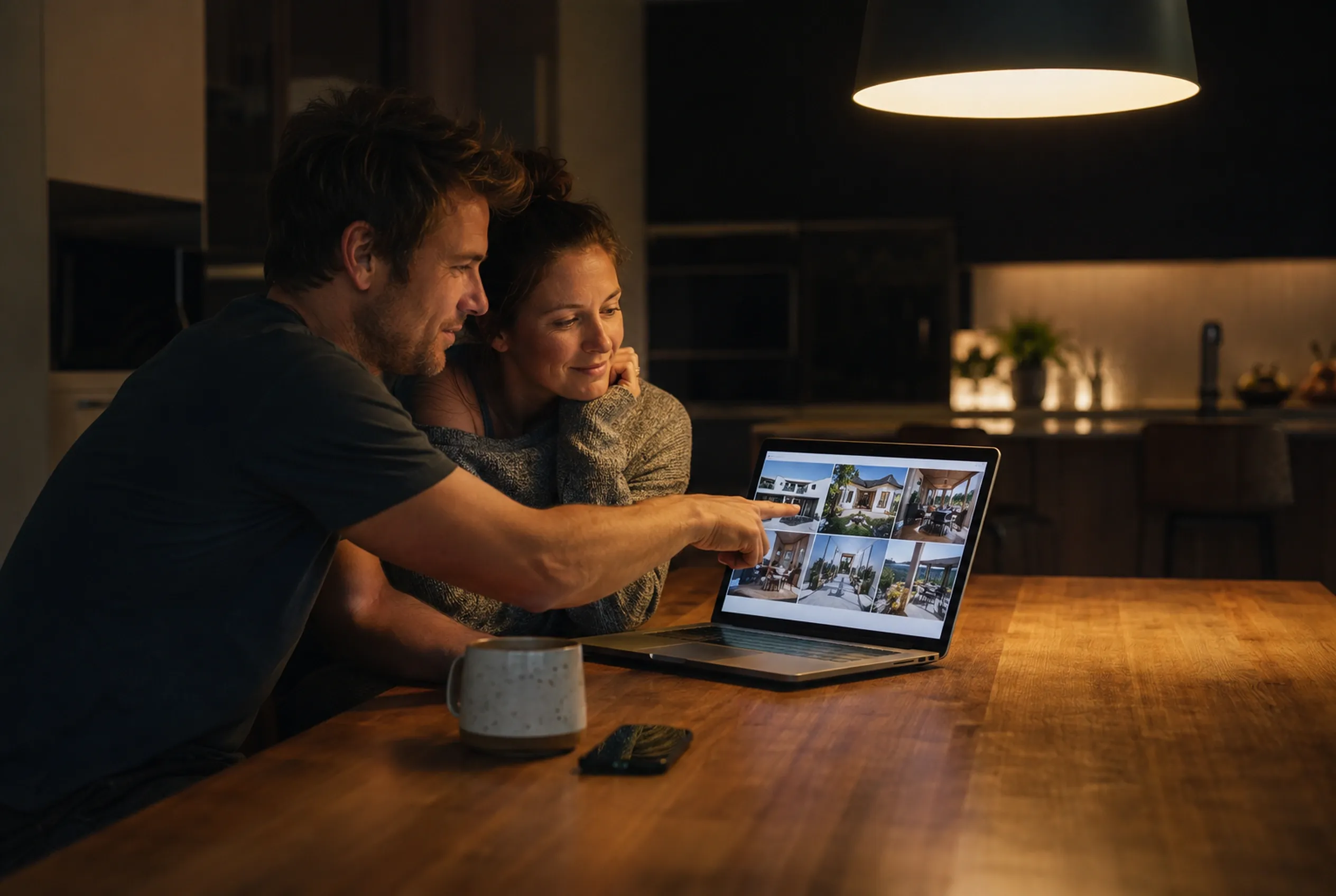 A couple at a kitchen table at night look through a trade business website together, one pointing at the screen.