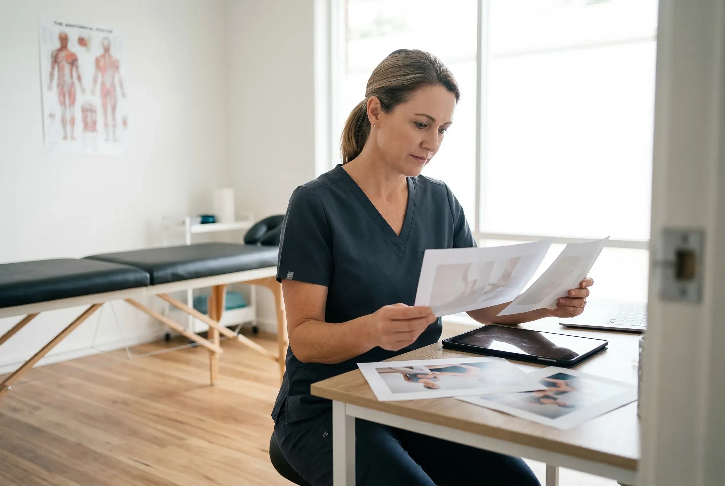 Healthcare professional reviewing printed photos at her desk