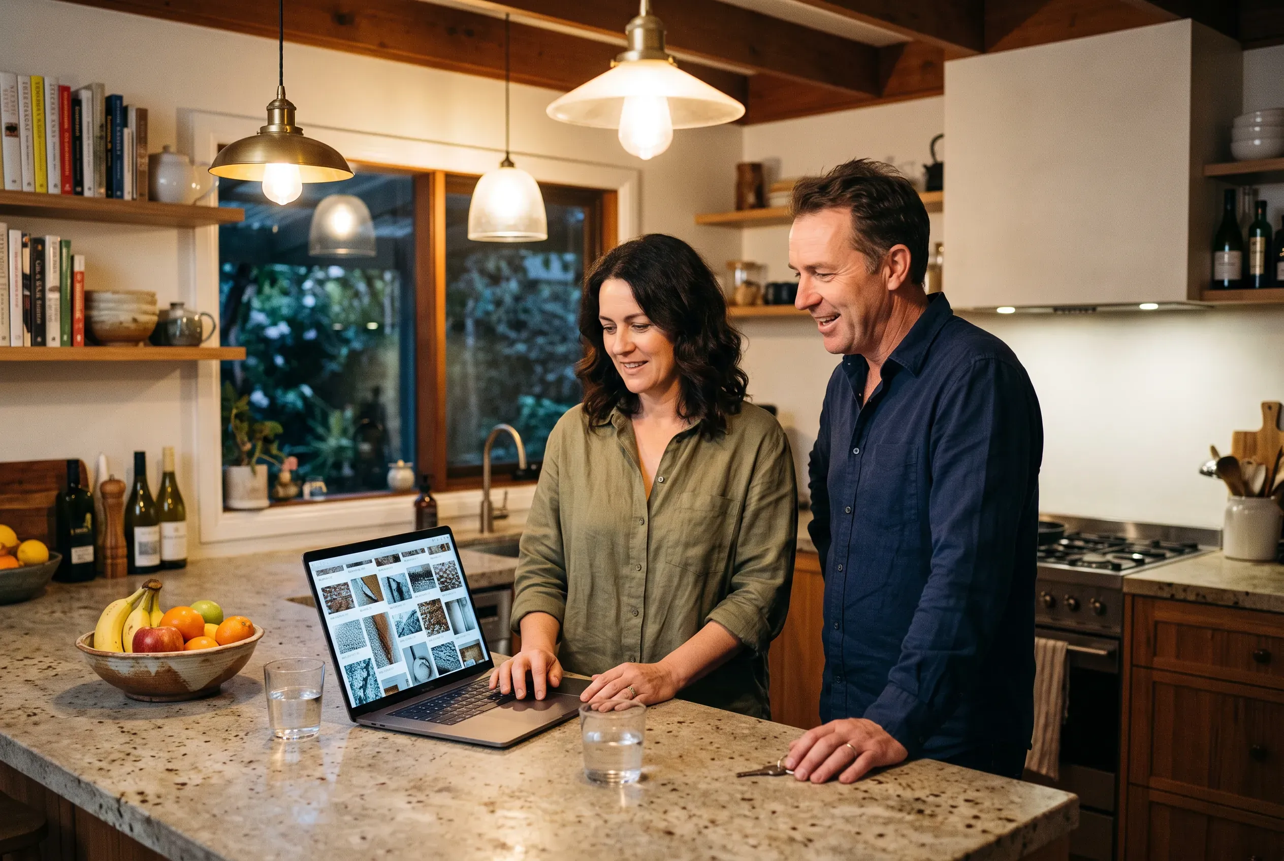 A couple at a kitchen bench in warm evening light scroll through a local builder's project gallery on a laptop.