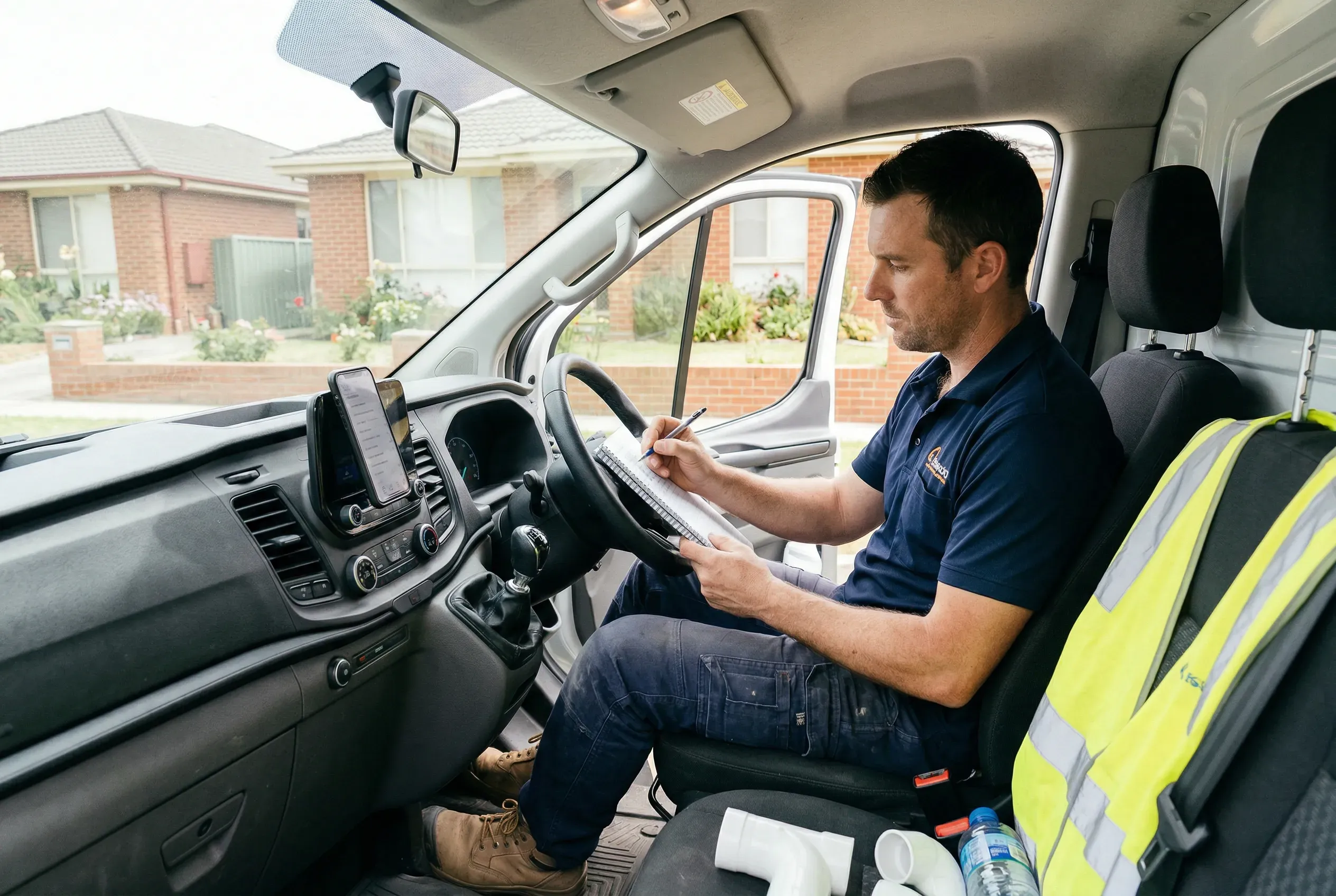 Tradesman writing notes in a notebook while sitting in the cab of his van