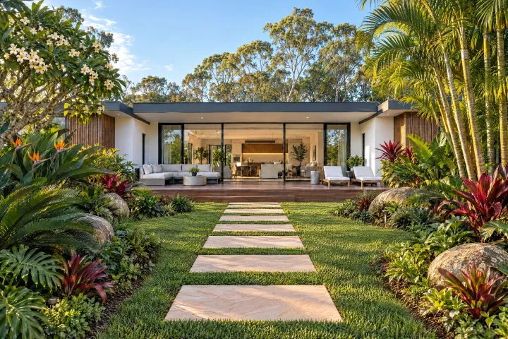 The same home with a tropical garden of frangipani, bird of paradise, cordylines, cycads and palms, and sandstone stepping pavers set in lawn.
