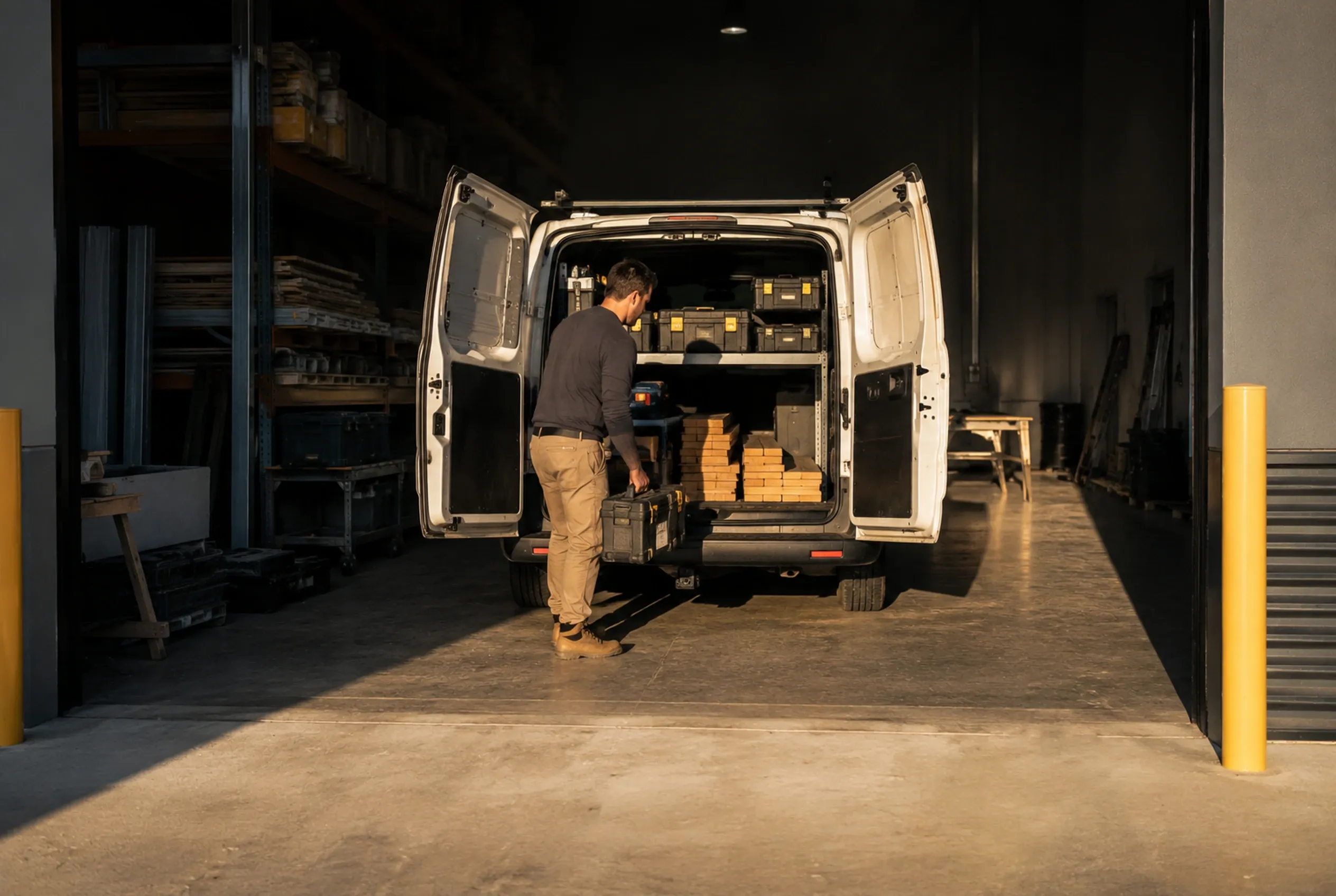 A work van backed into a modern unit with the roller door open in early morning sun.