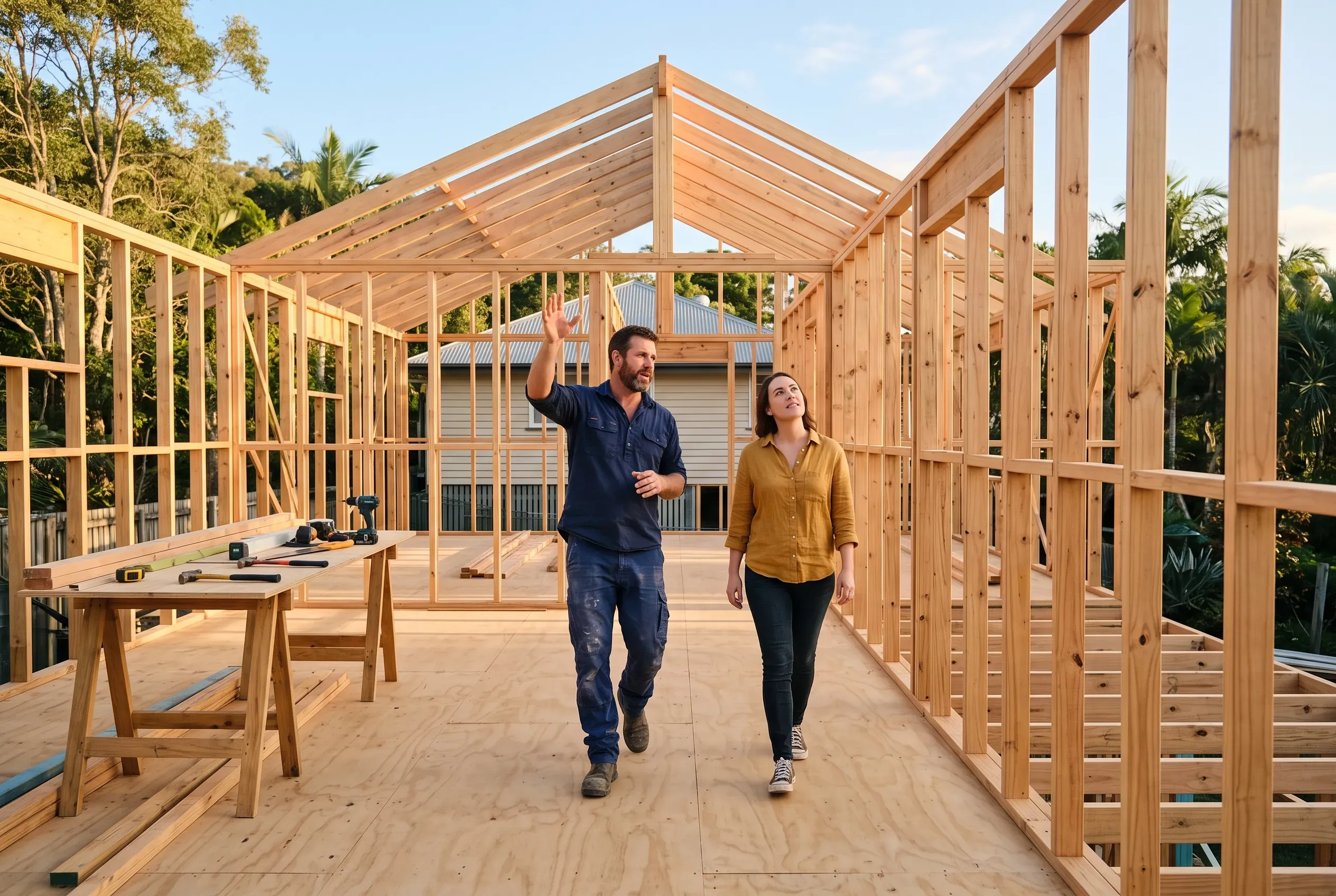 A builder and client walk through a framed extension in early morning light, the builder gesturing towards the ridge line.