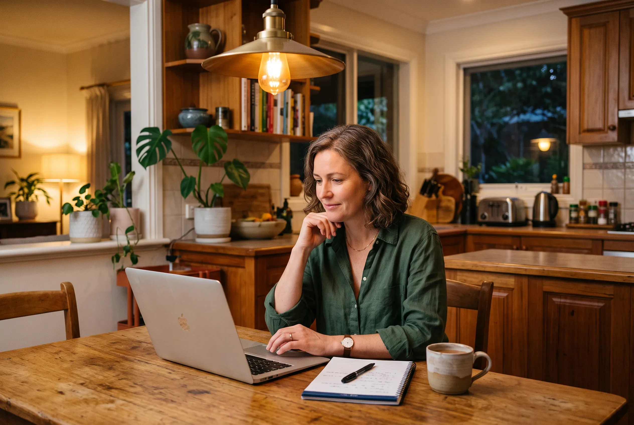 A business owner at a kitchen table in warm evening light, laptop open beside a notepad and a mug, working through her website.