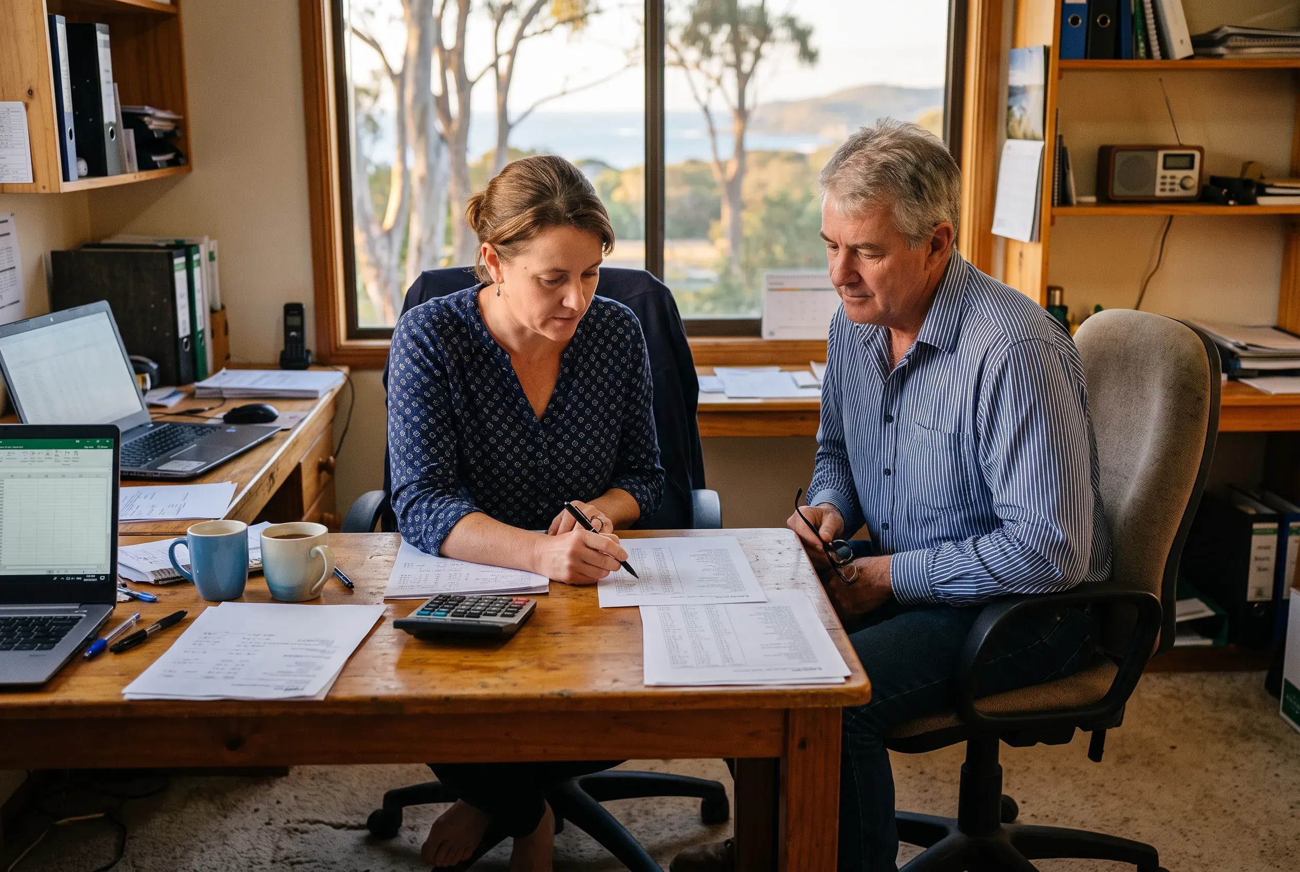 A business owner and his office manager work through printed figures together at the office desk, the coast visible through the window.