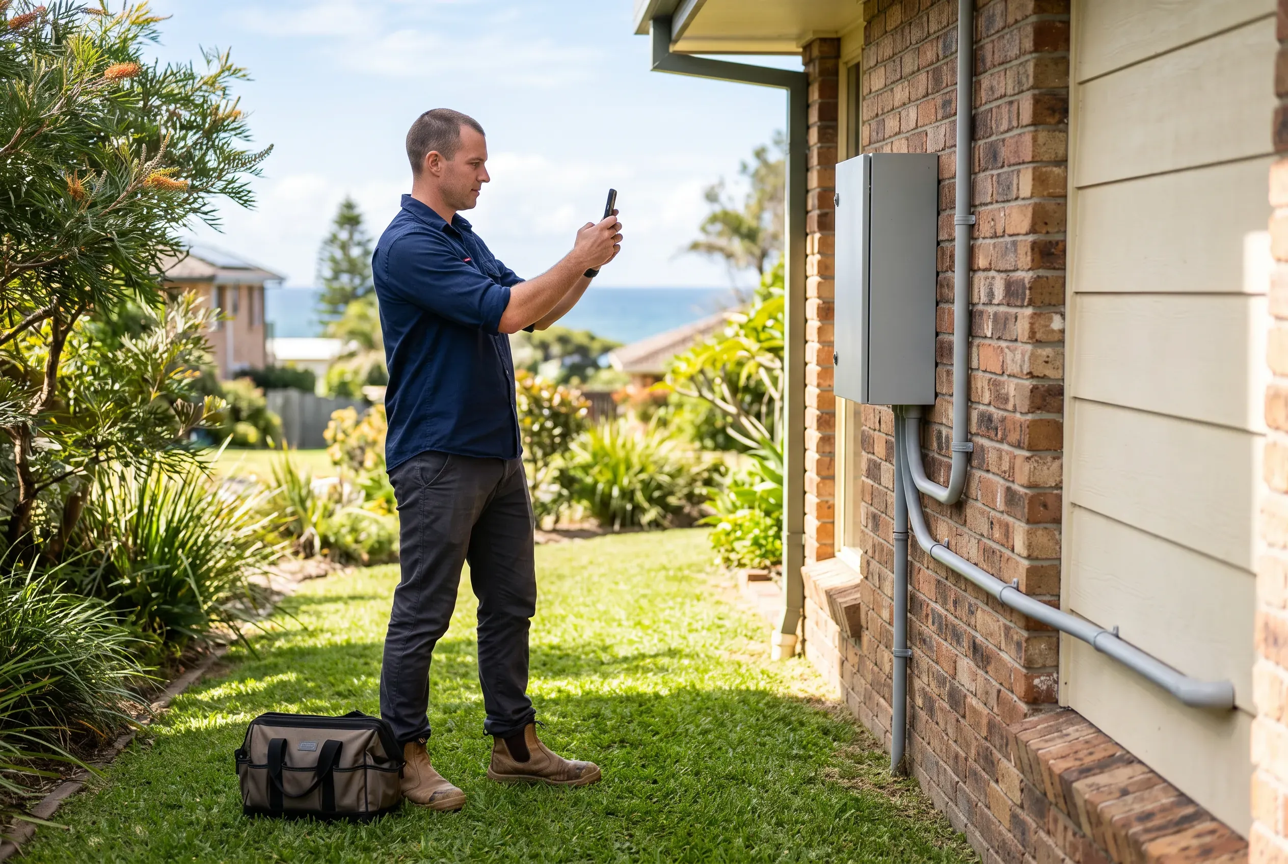 An electrician photographs a neatly finished switchboard enclosure on the wall of a coastal home.