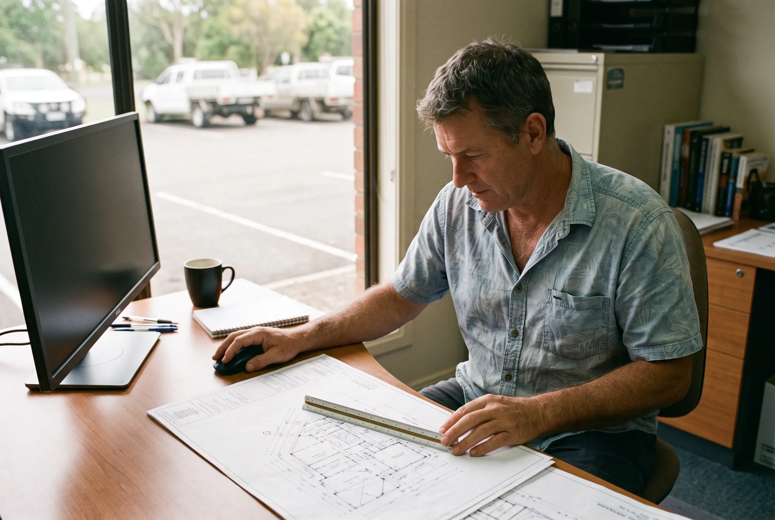 An estimator works through a set of plans at a desk in a quiet office, scale rule in hand.