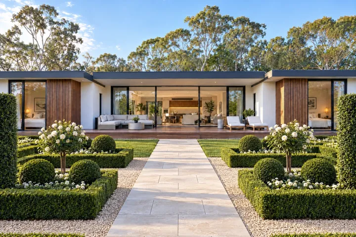 The same home with a formal garden of low clipped hedges, topiary balls, standard white roses, pale gravel and a wide stone path.