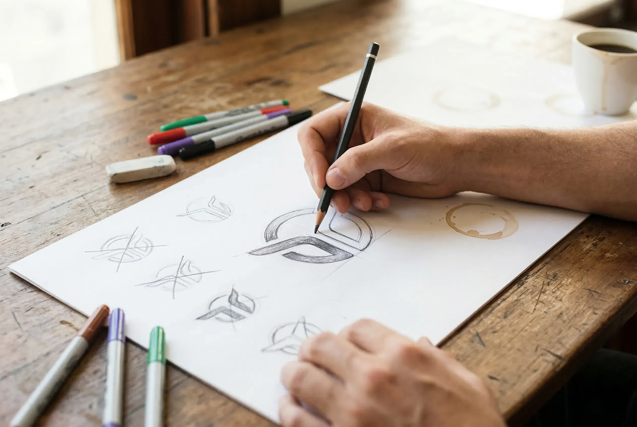 Designer sketching logo concepts with pencil on paper