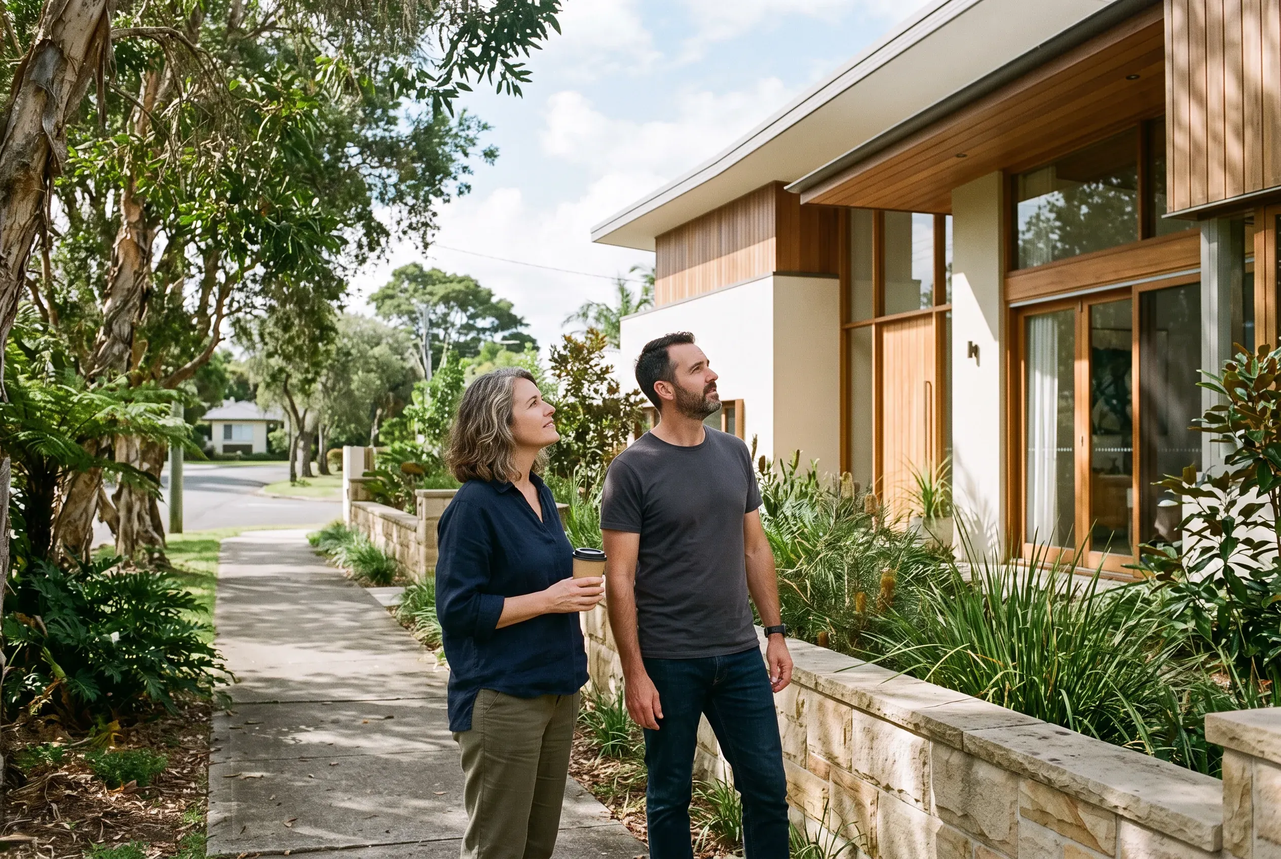 A couple pause on the footpath outside a distinctive completed coastal home in the morning, taking the house in together.