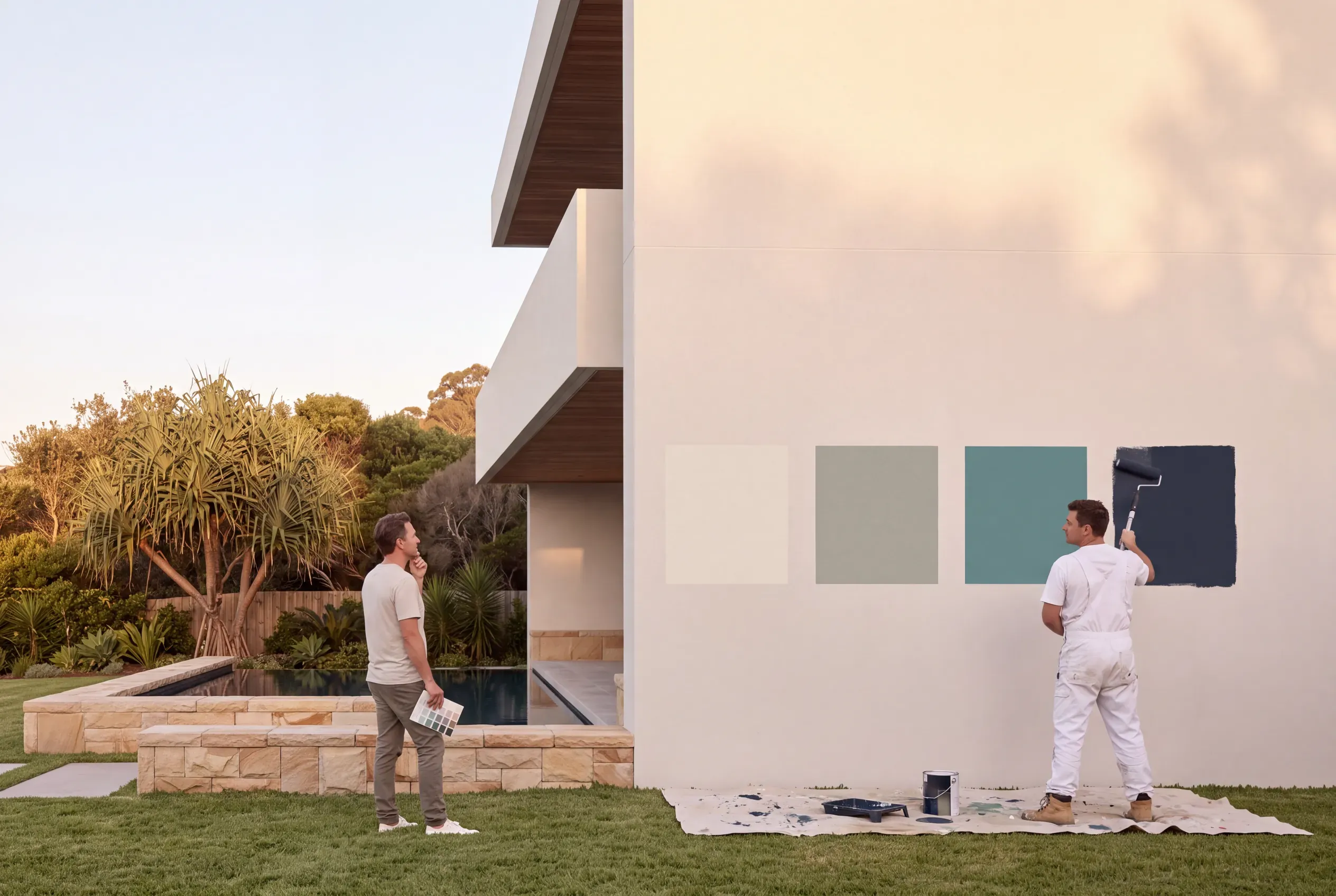 A painter in whites rolls a deep navy patch beside off-white, sage and teal patches on a smooth rendered end wall, while the owner stands on the lawn with a swatch card.